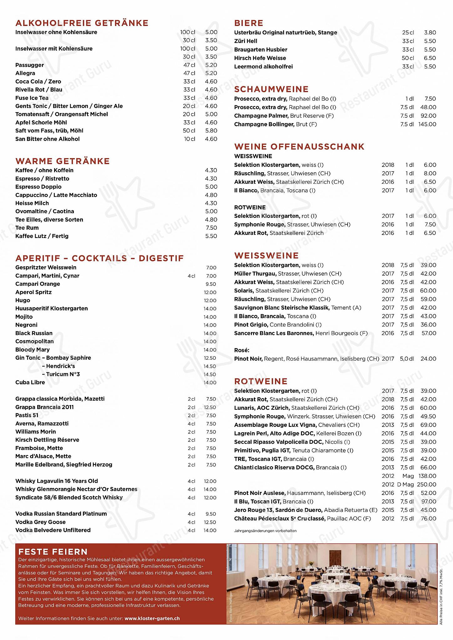 Takeaway Menu per Restaurant Klostergarten in Rheinau