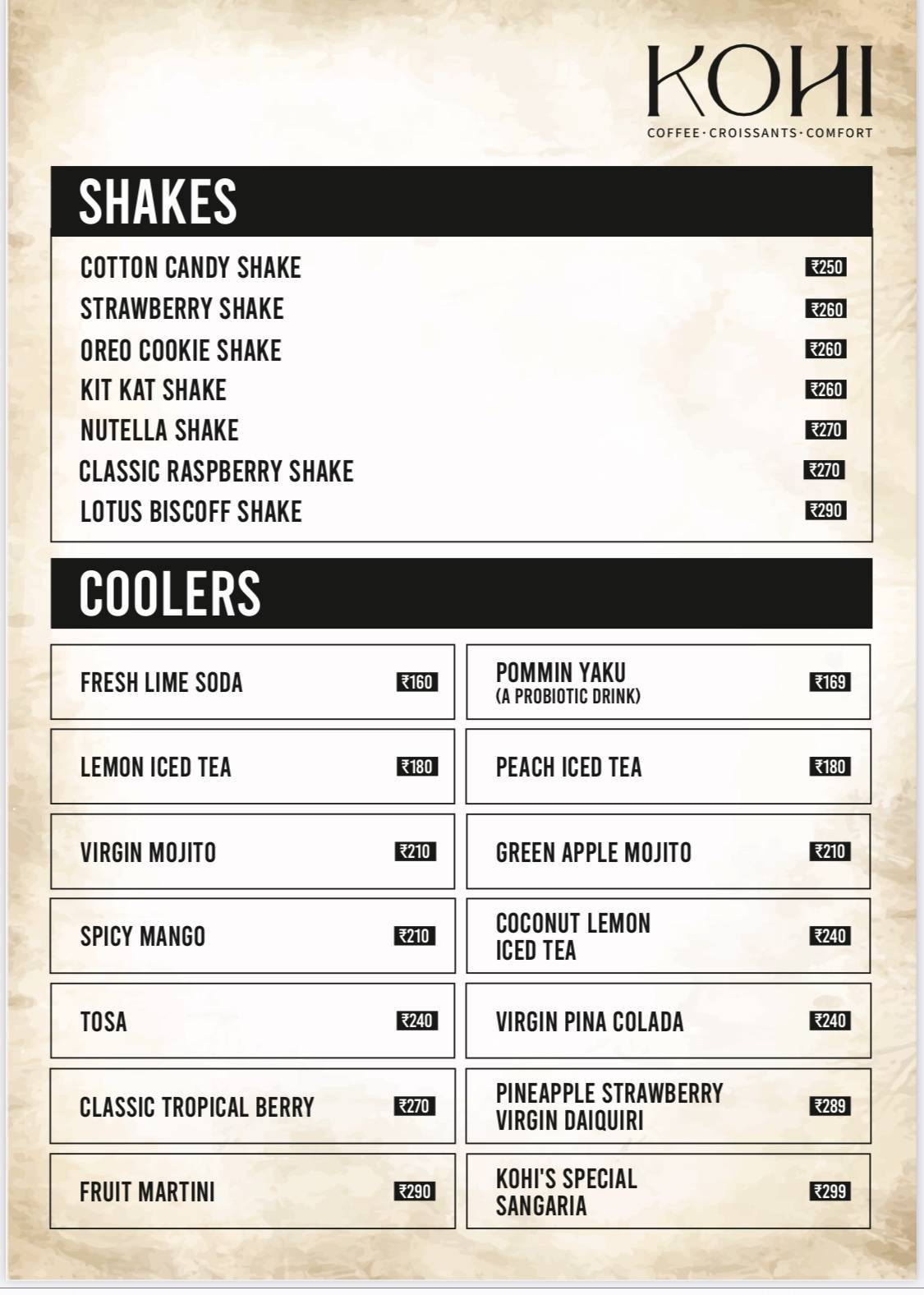 Kohi - The Cafe menu