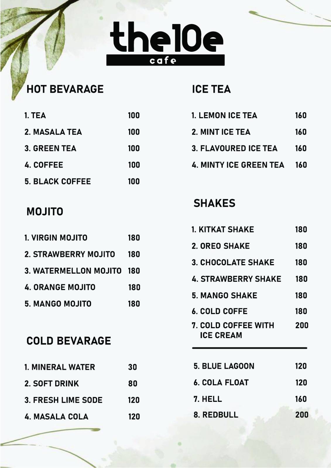 The 10e cafe menu