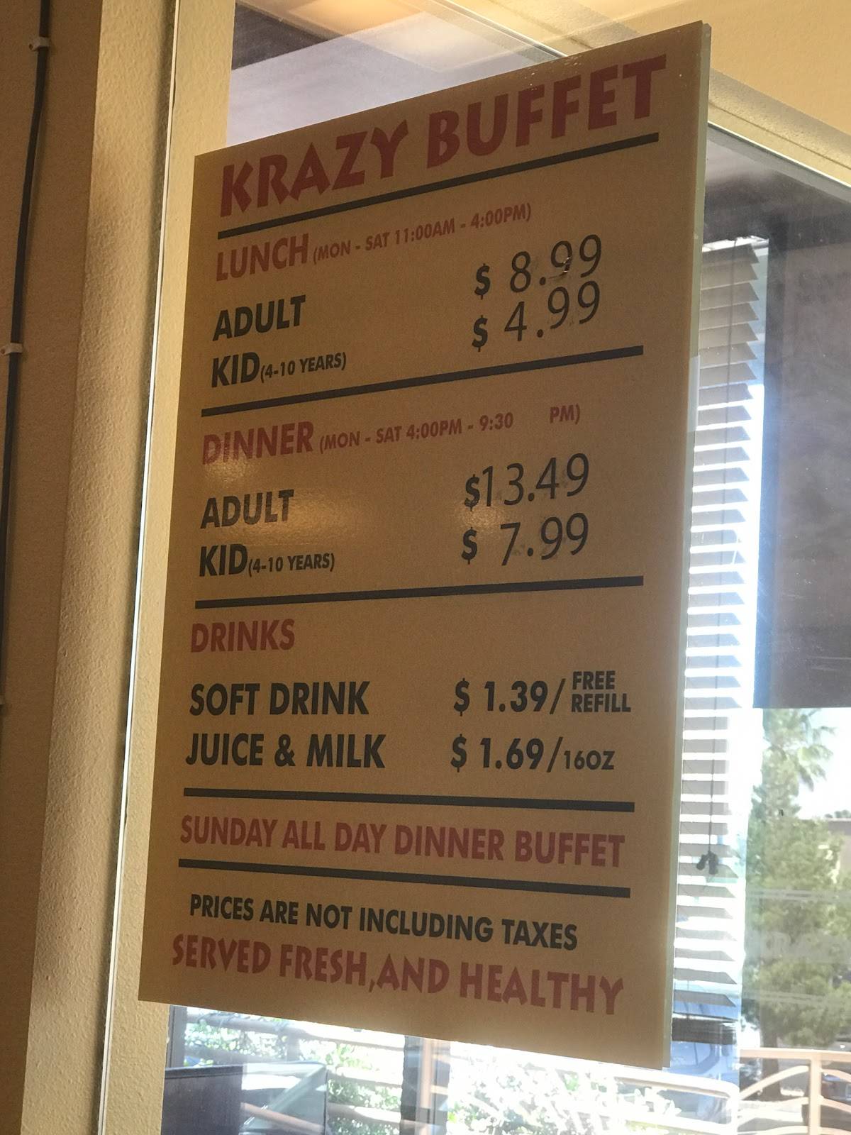 Menu at Krazy Buffet restaurant, Las Vegas, W Sahara Ave