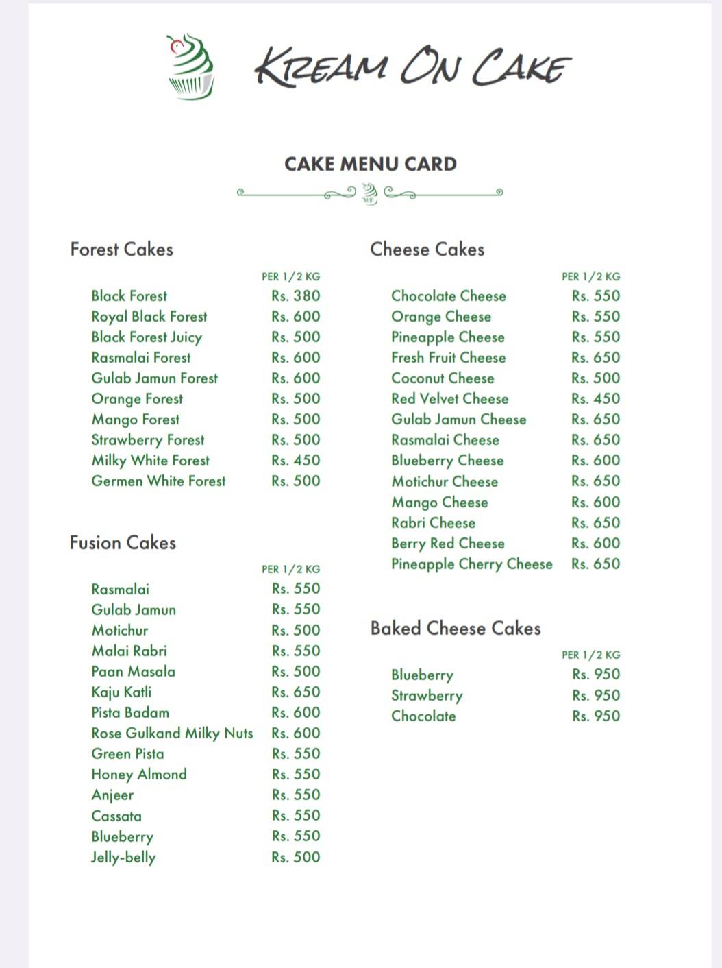 Kream On Cake menu