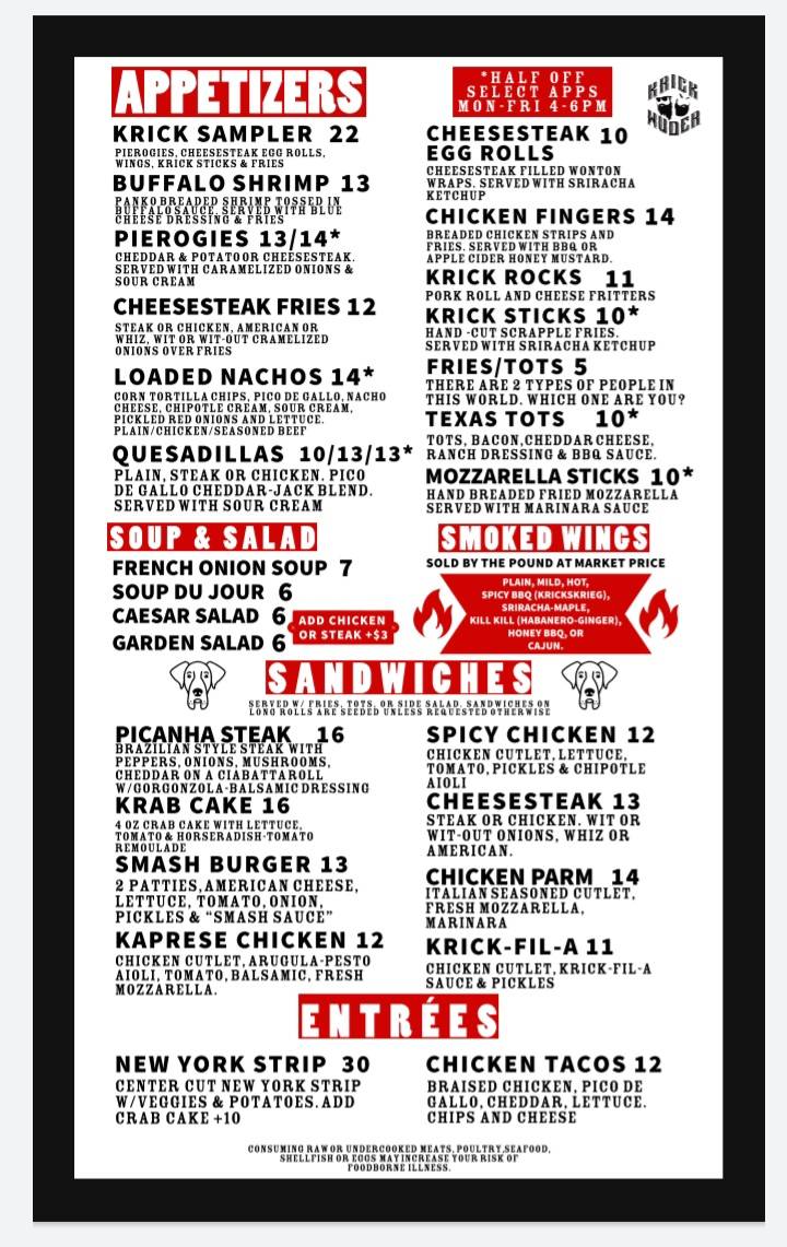 Menu at Krick Wuder Saloon and Restaurant, Philadelphia