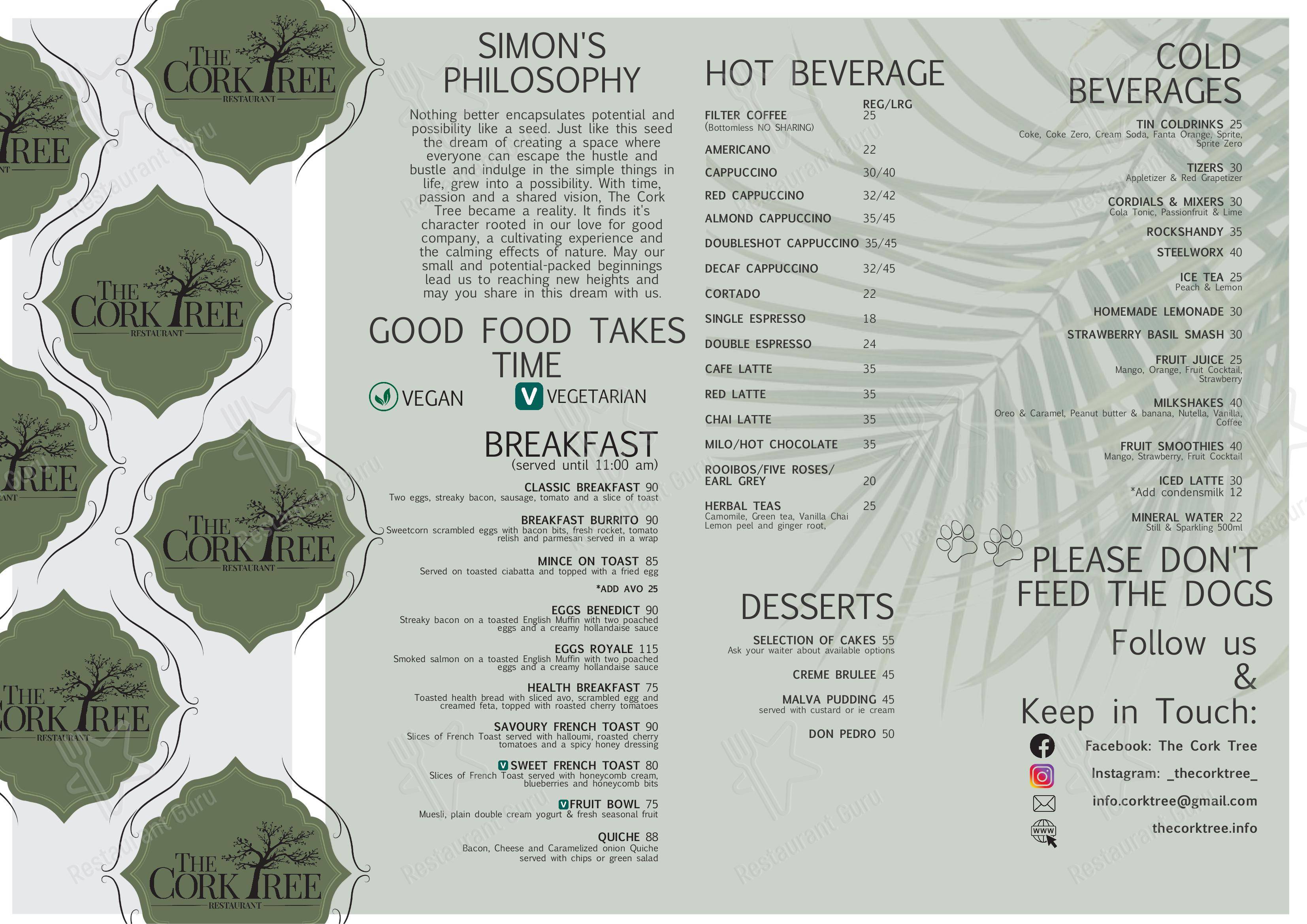 Menu at The Cork Tree restaurant, Krugersdorp