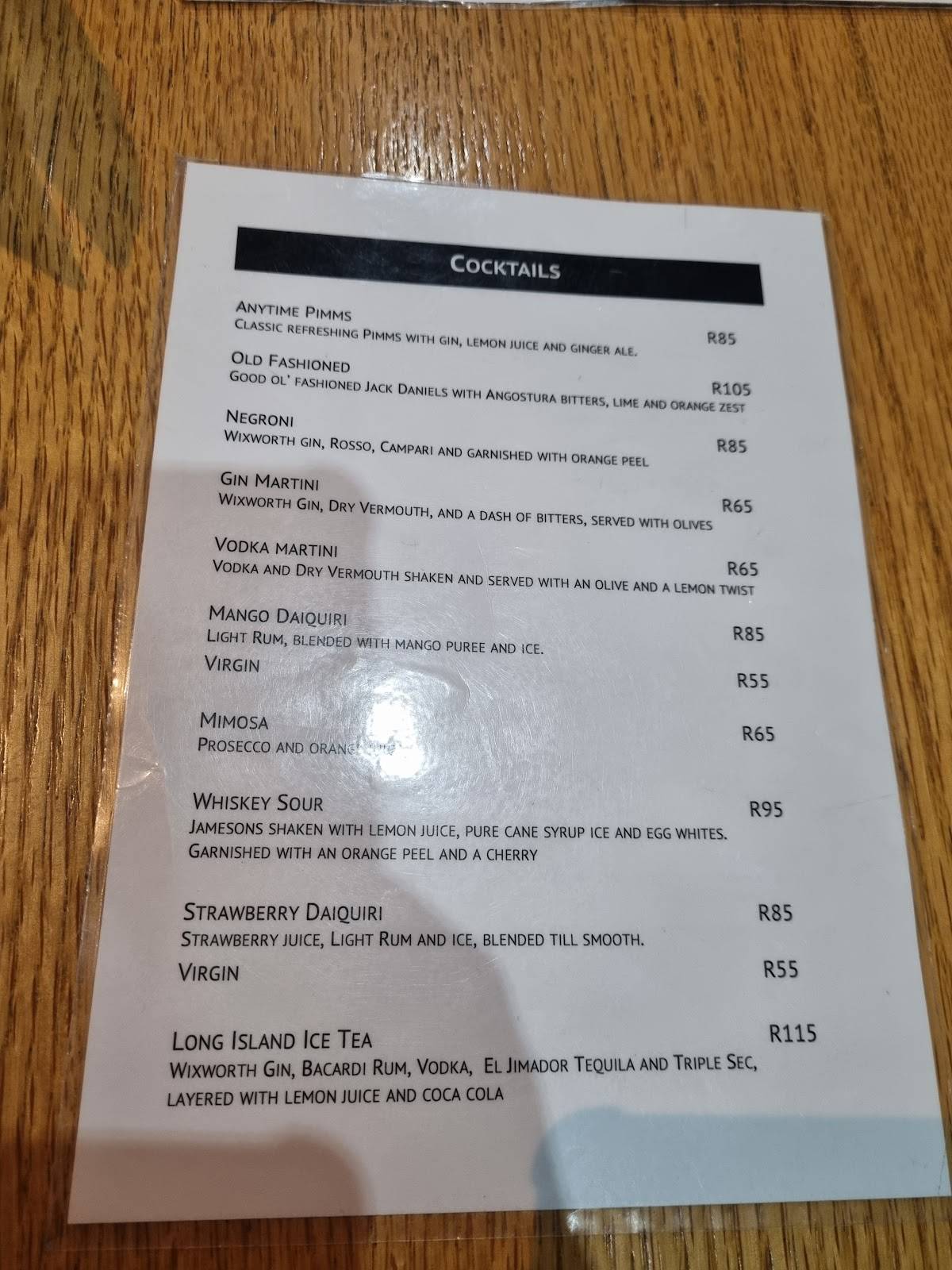 Menu at The Diner restaurant, Krugersdorp