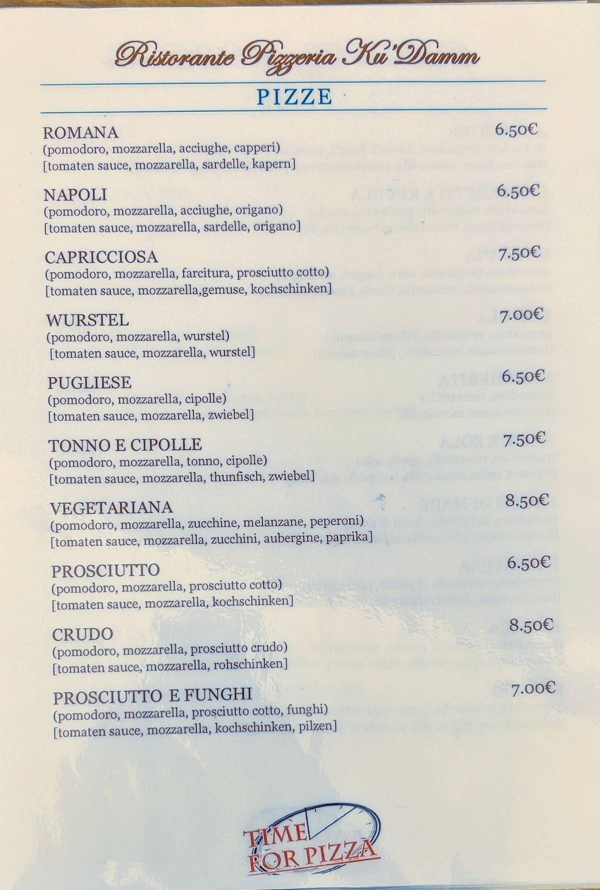 Menu di Ristorante Pizzeria Ku'damm 