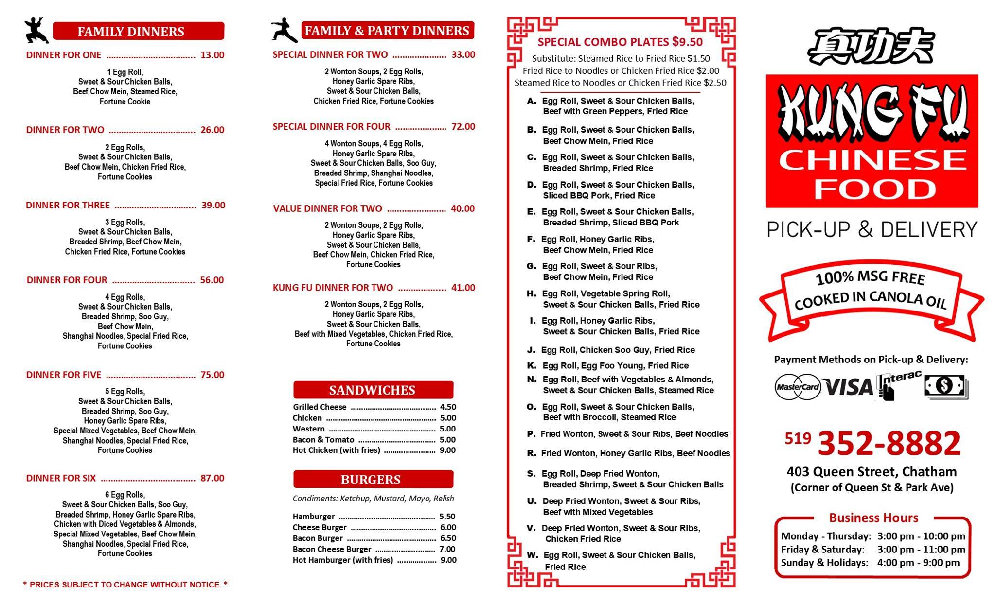 Menu at Kung Fu Chinese Food restaurant, ChathamKent