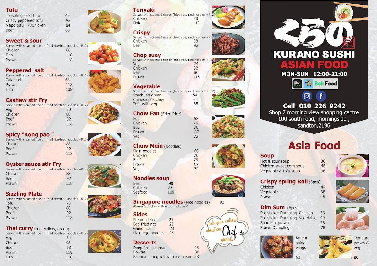 Menu at Kurano Sushi Asian Food restaurant, Sandton