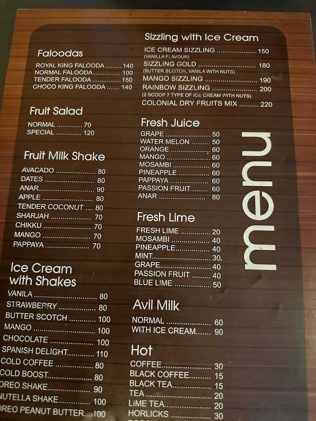 COLONIAL ICE PARLOUR menu