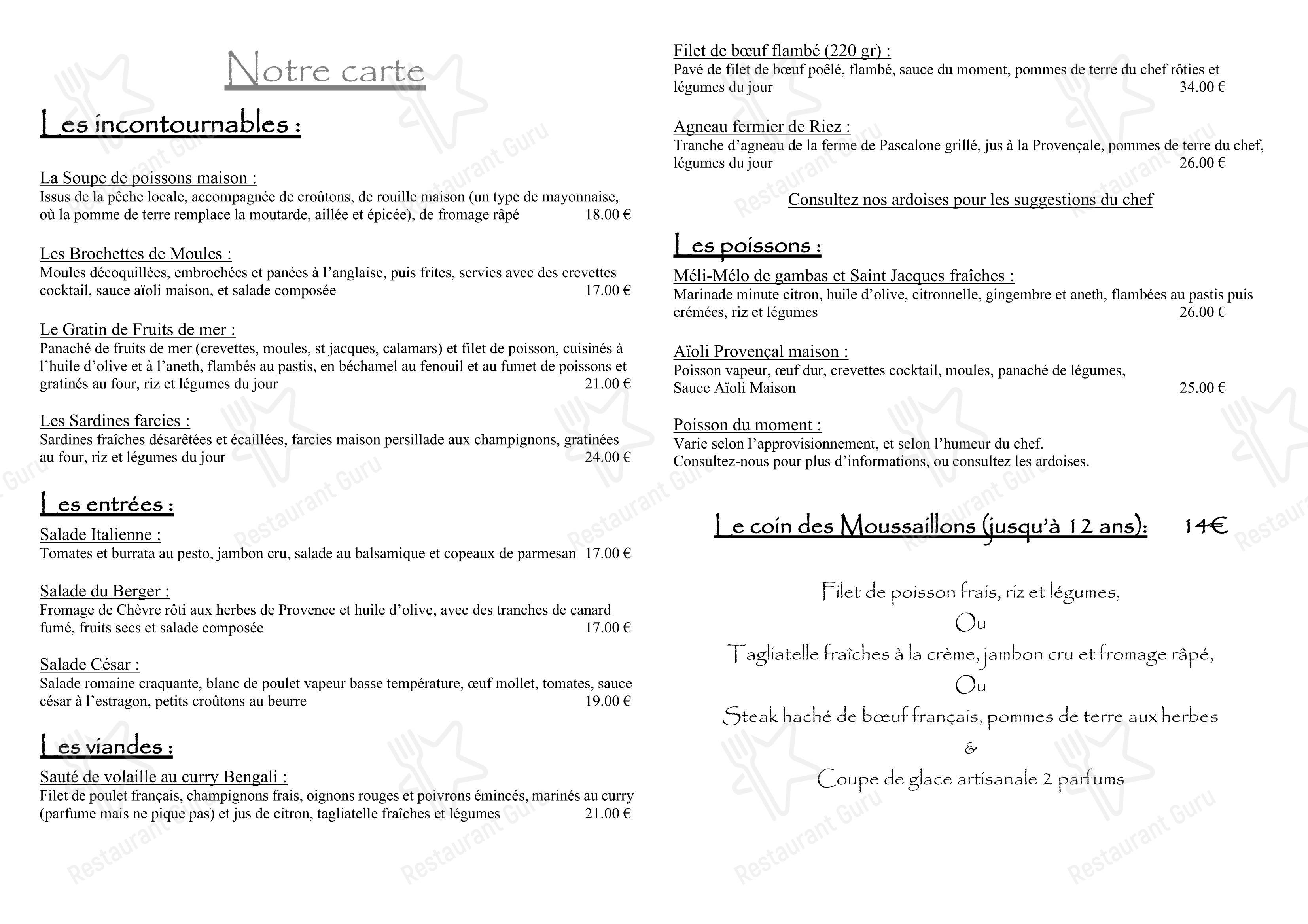 Menu pour LA CARAVELLE BANDOL dans Bandol