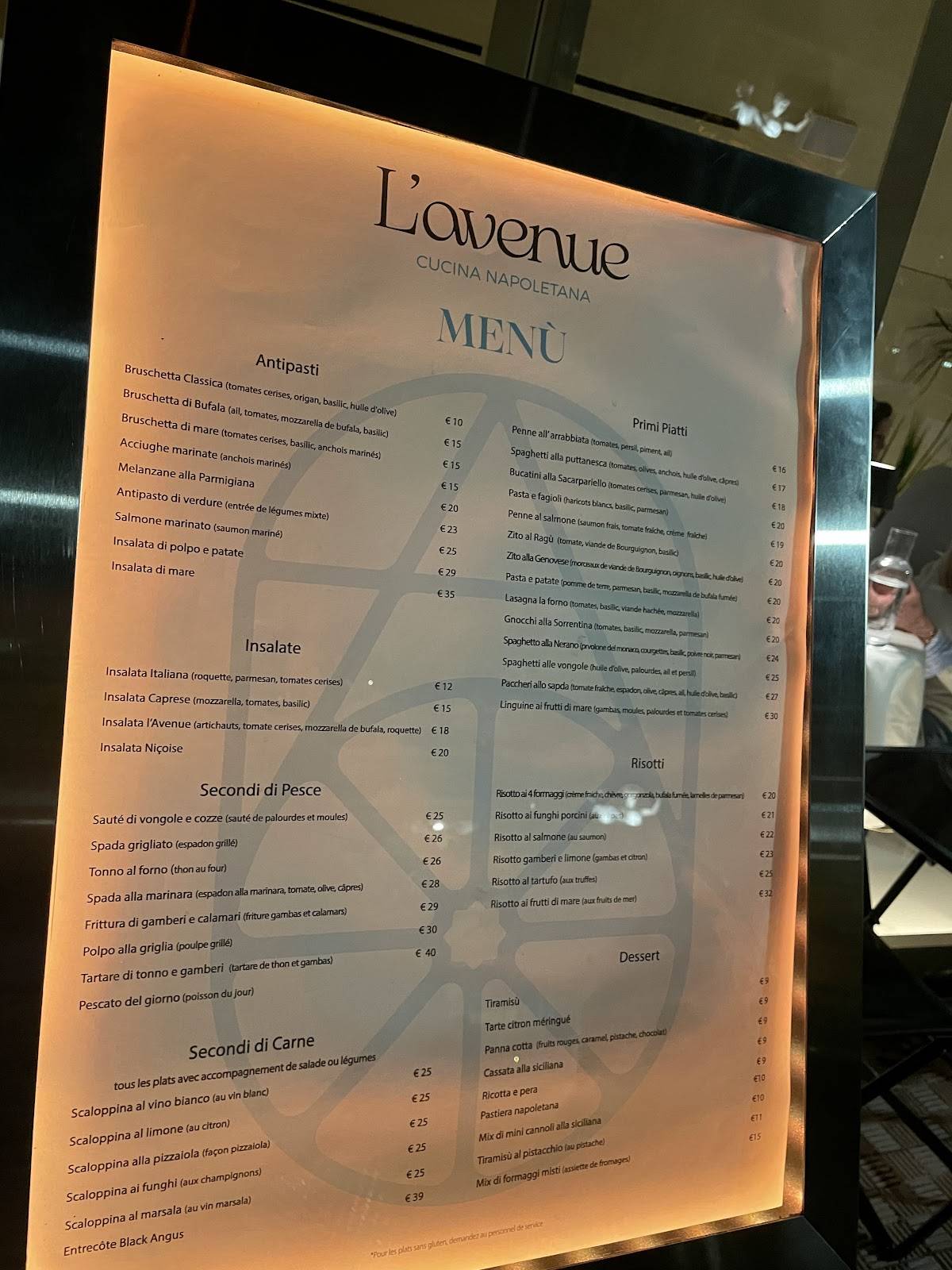 Menu de L'AVENUE RESTAURANT MENTON