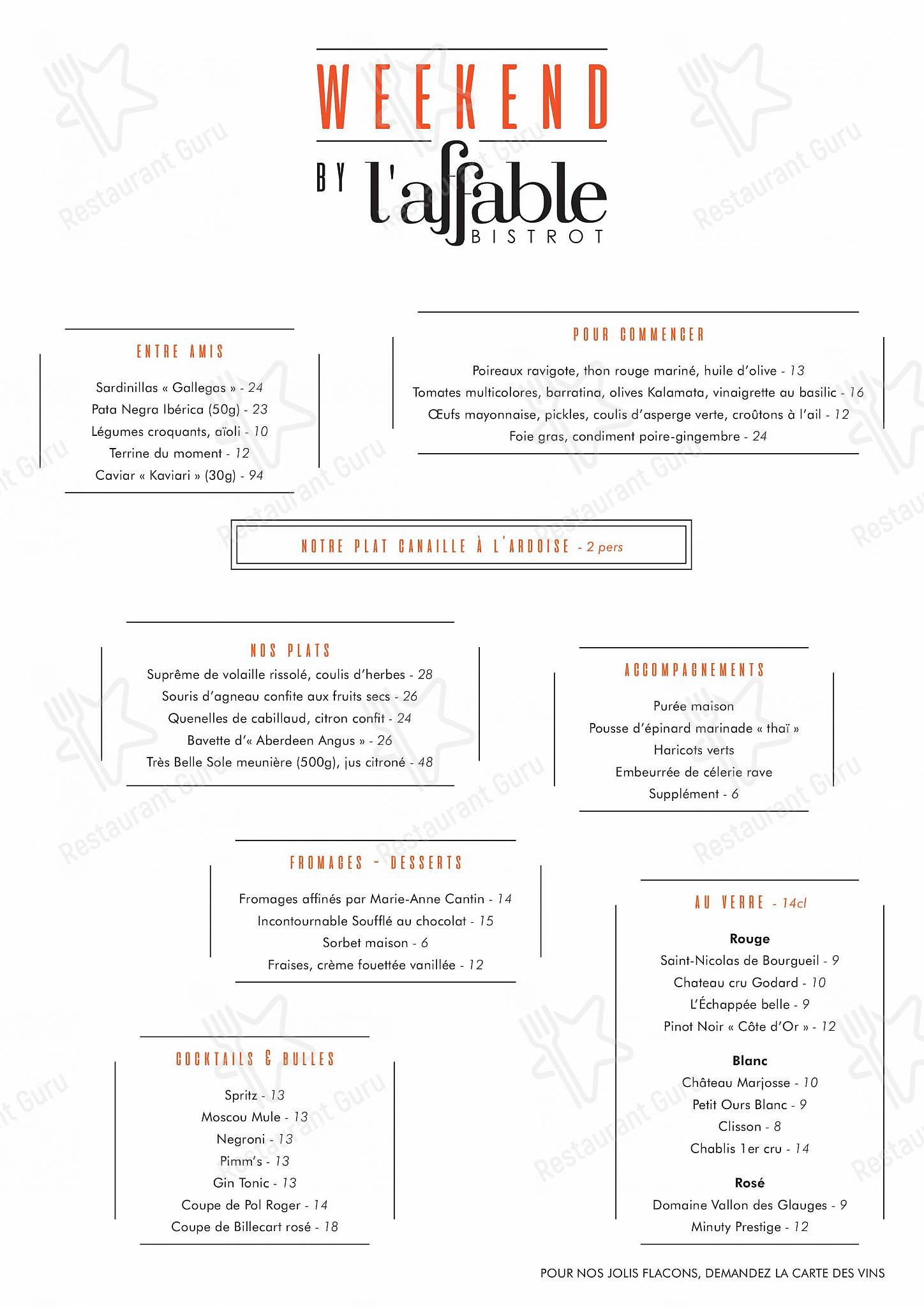 L'Affable dans Paris - Menu bistro