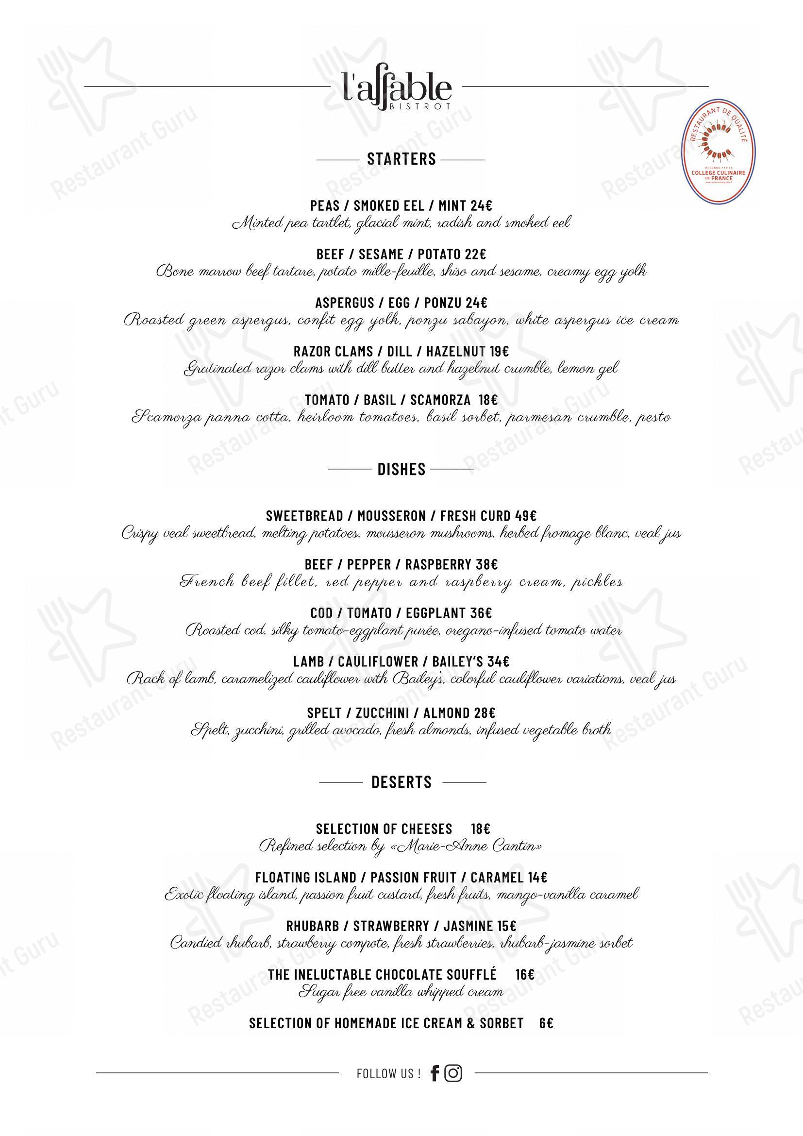 Menu bar pour L'Affable restaurant