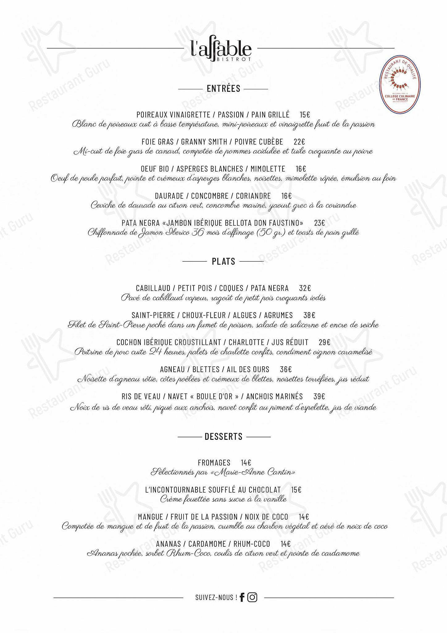 Menu bistro pour L'Affable restaurant