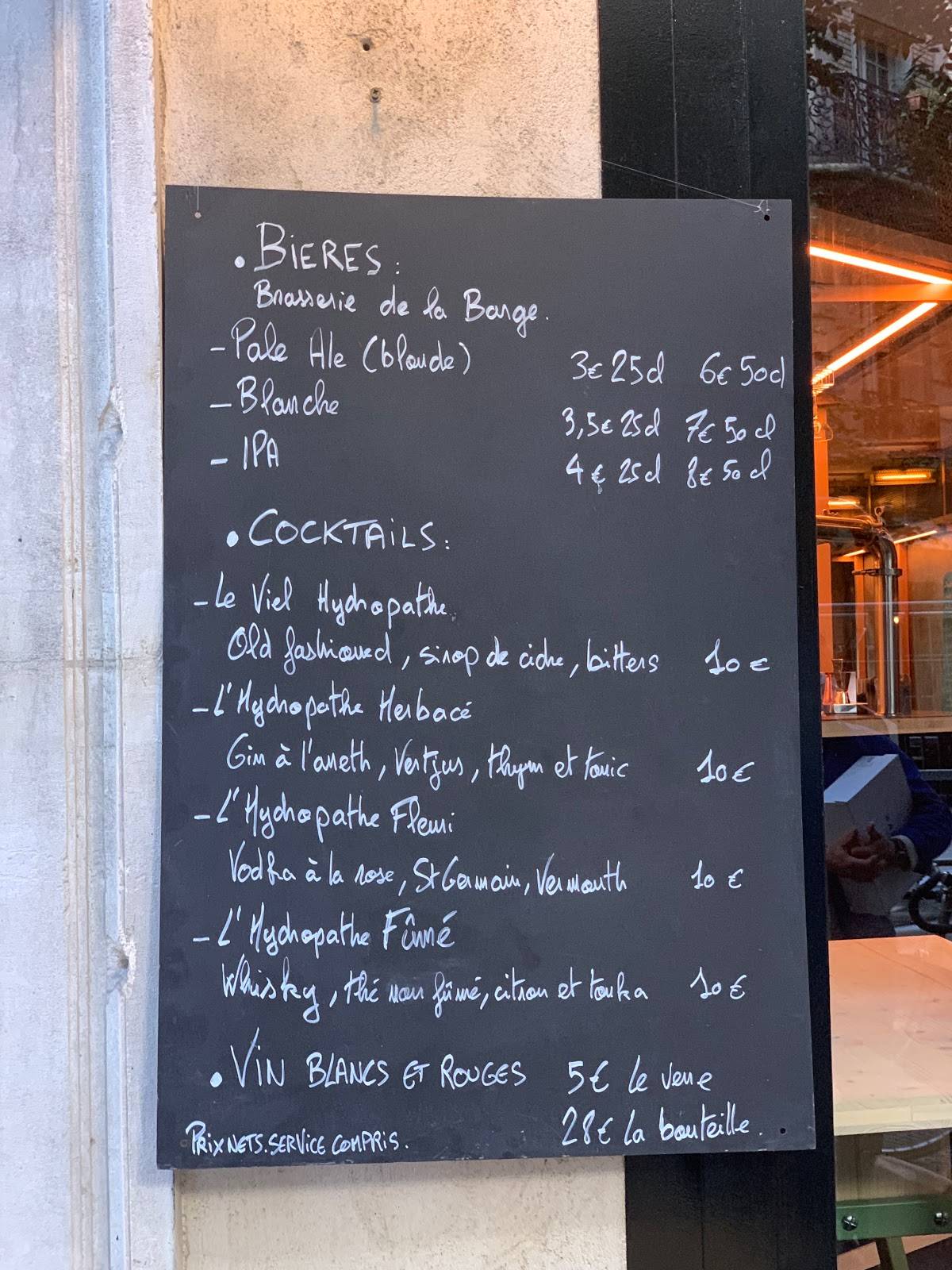 Menu de L'Hydropathe Paris
