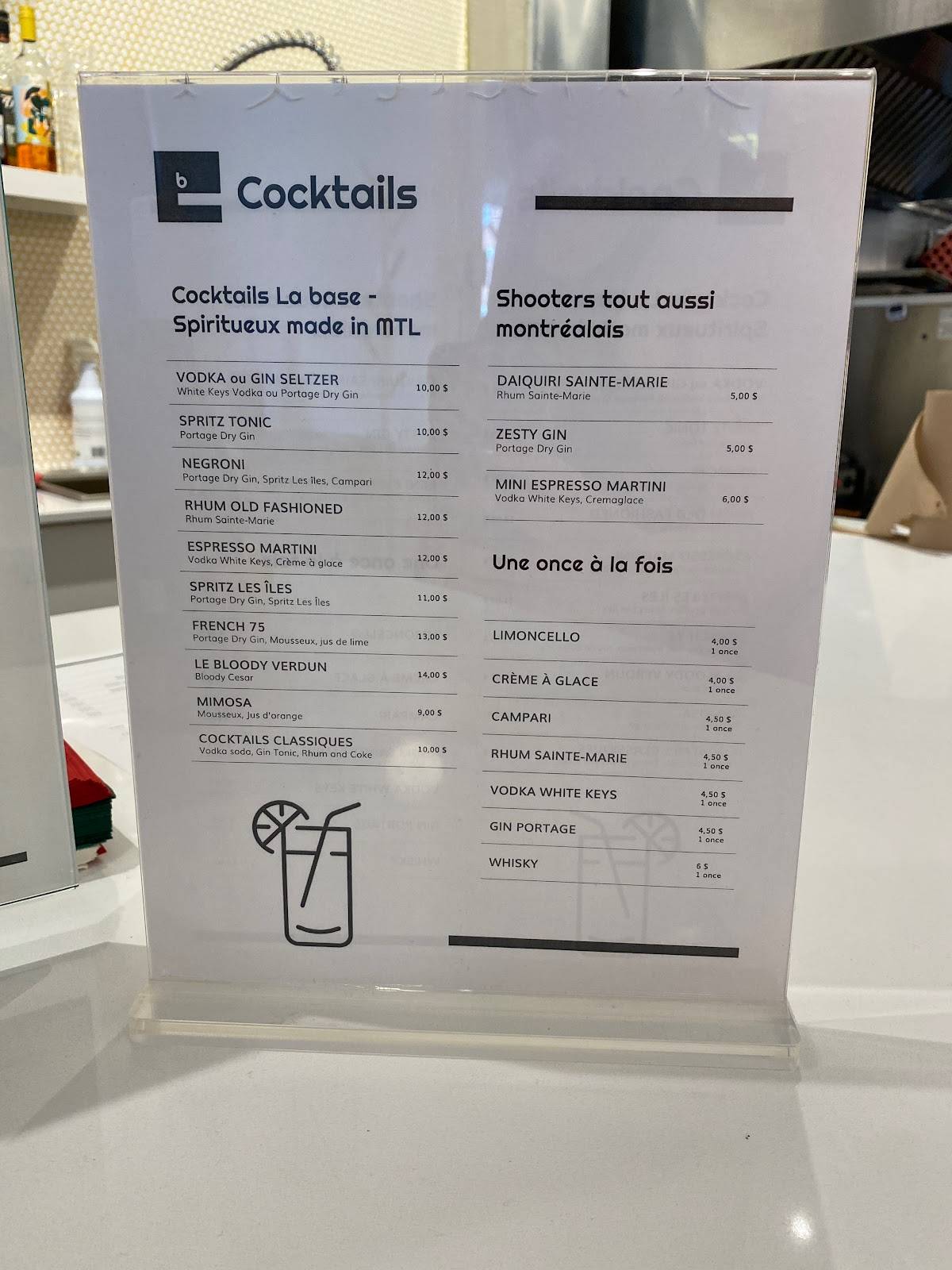 Menu at La Base Café Buvette, Montréal