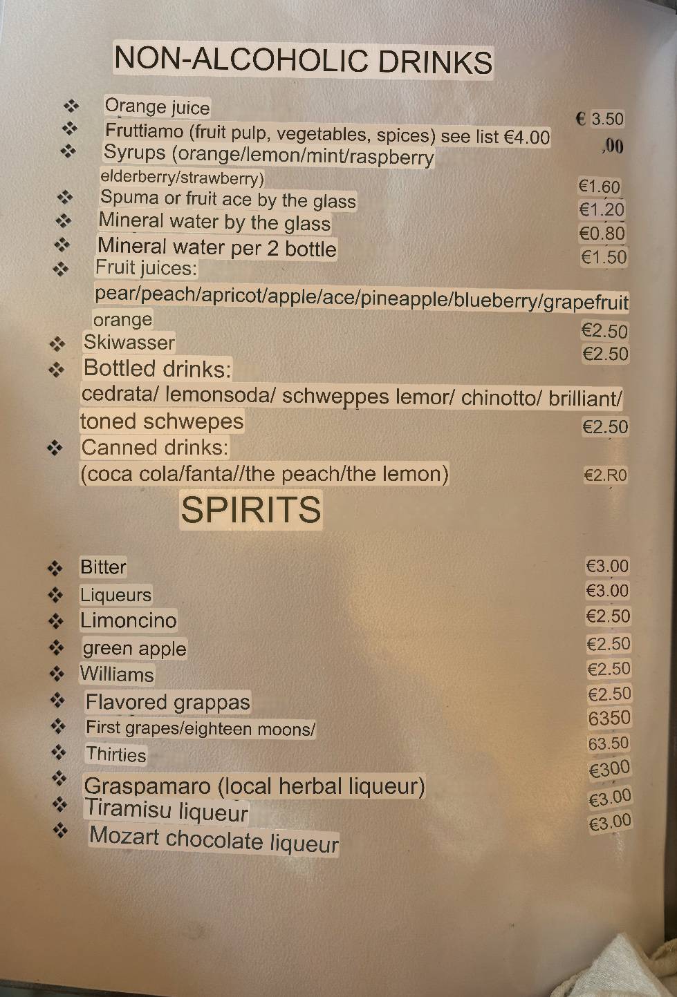 Menu di La Croda 