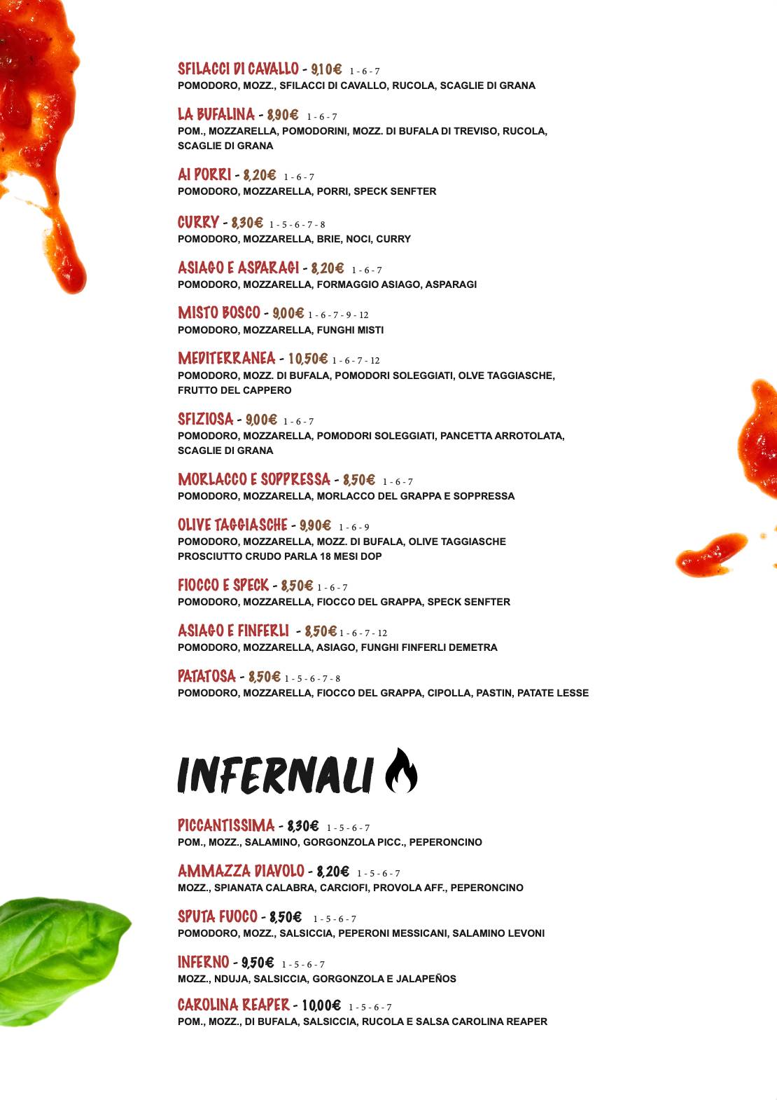 Menu di La Fenadora Feltre - Pizzeria da asporto 