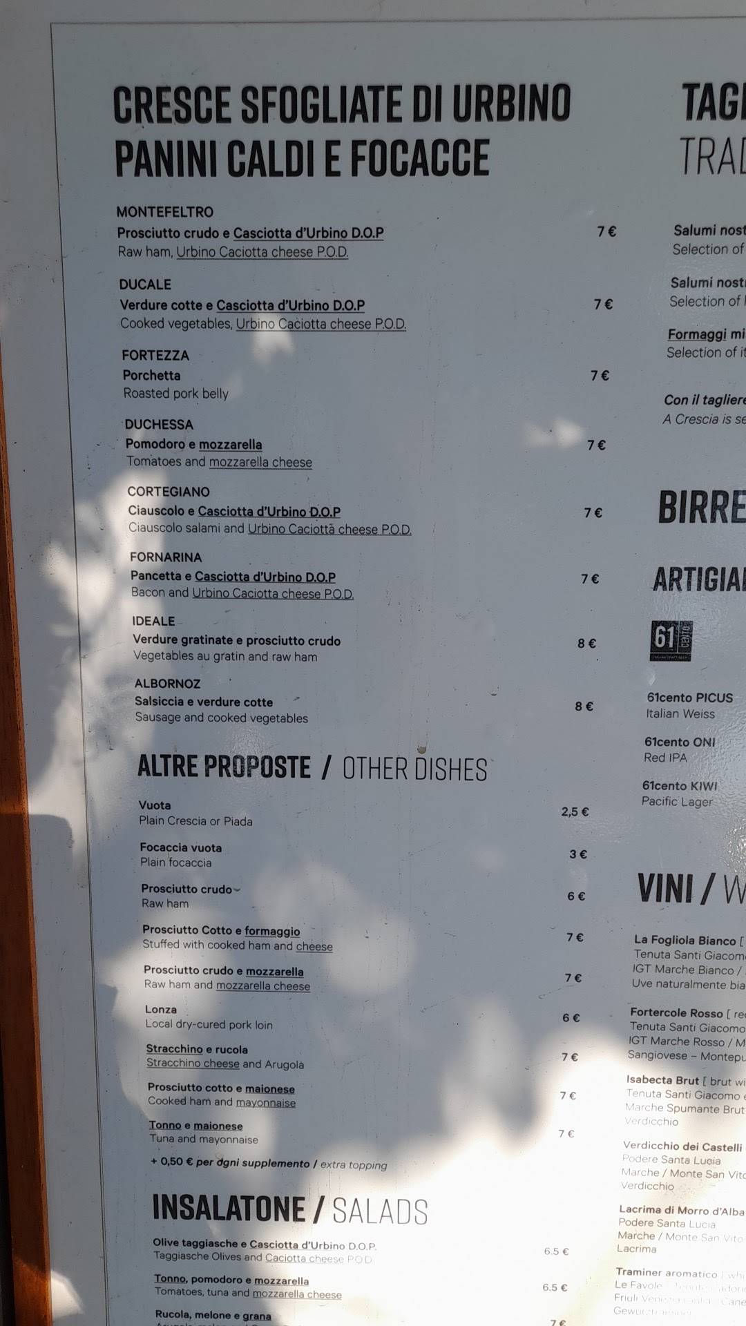 Menu di La Fortezza Bar & Ristoro 