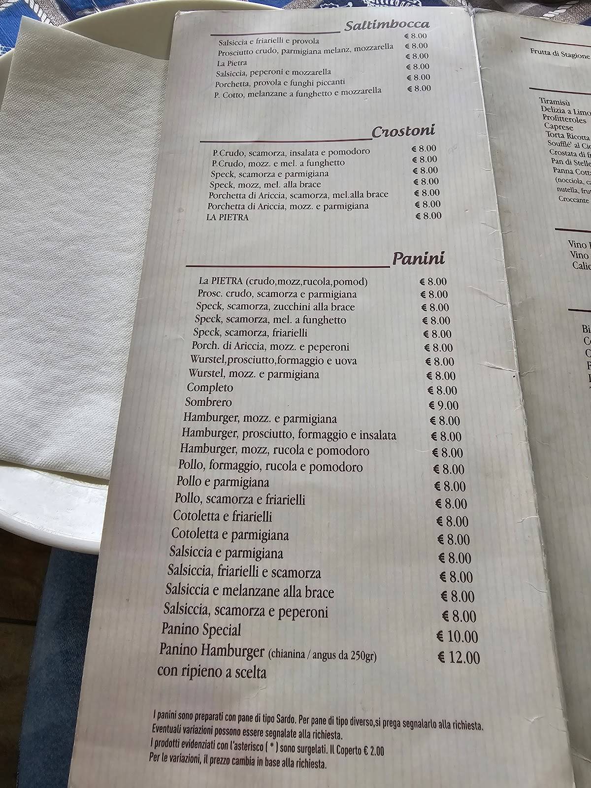 Menu di La Pietra 