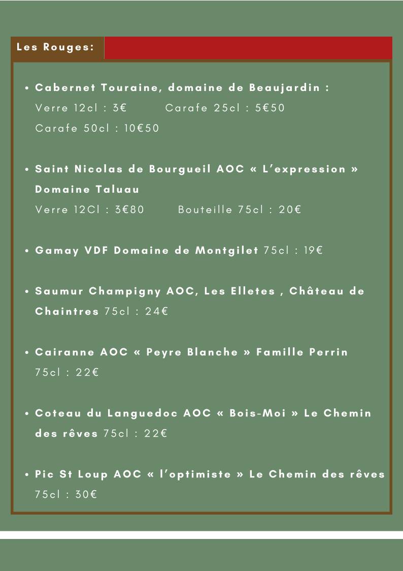 Menu de Le Sainte Anne