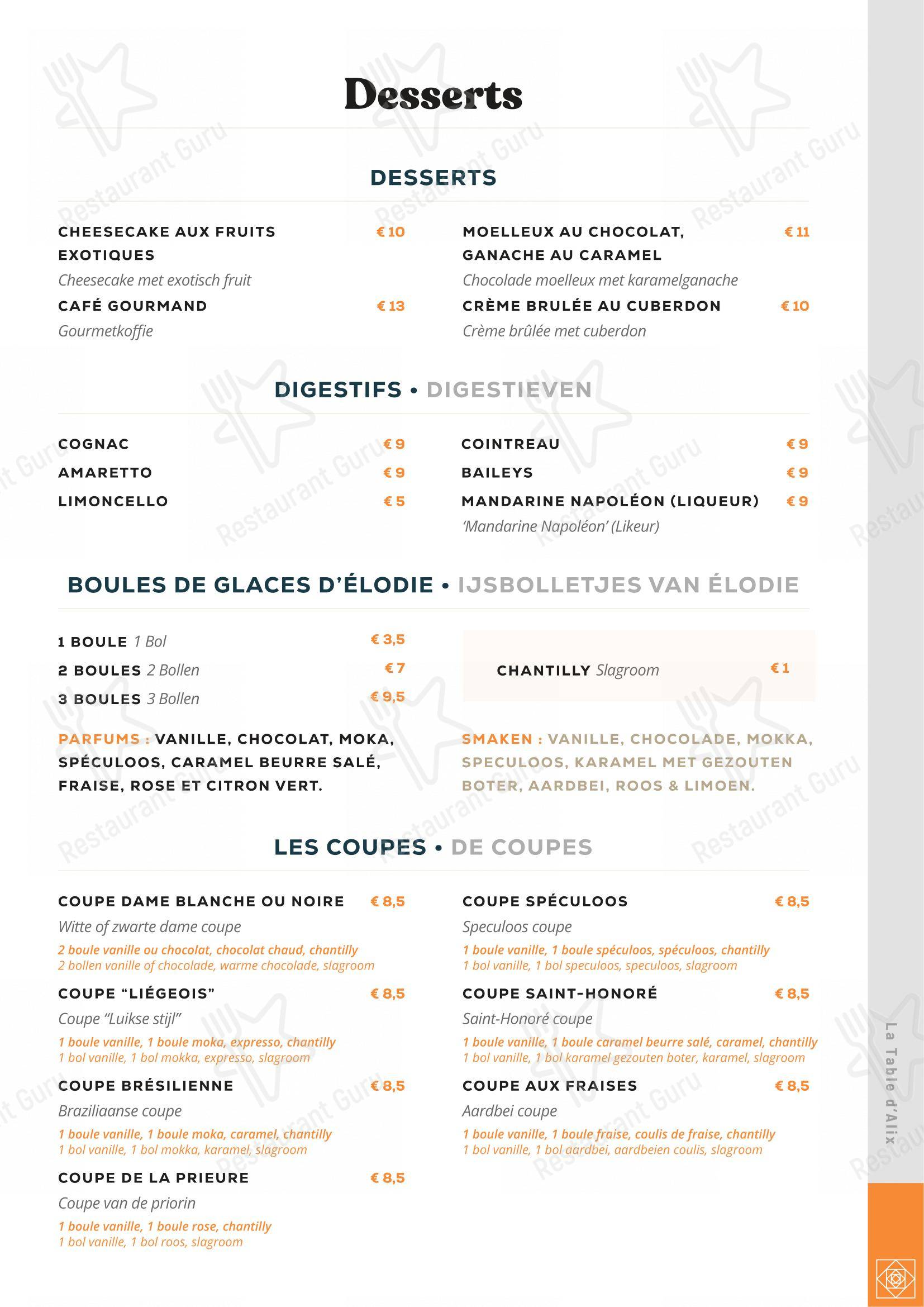 Menu pour La Table d'Alix - Основное меню