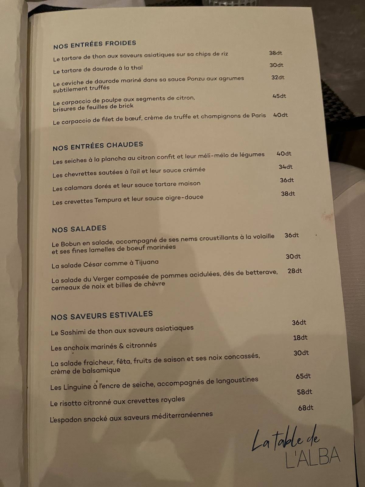 Menu de La Table de L'Alba