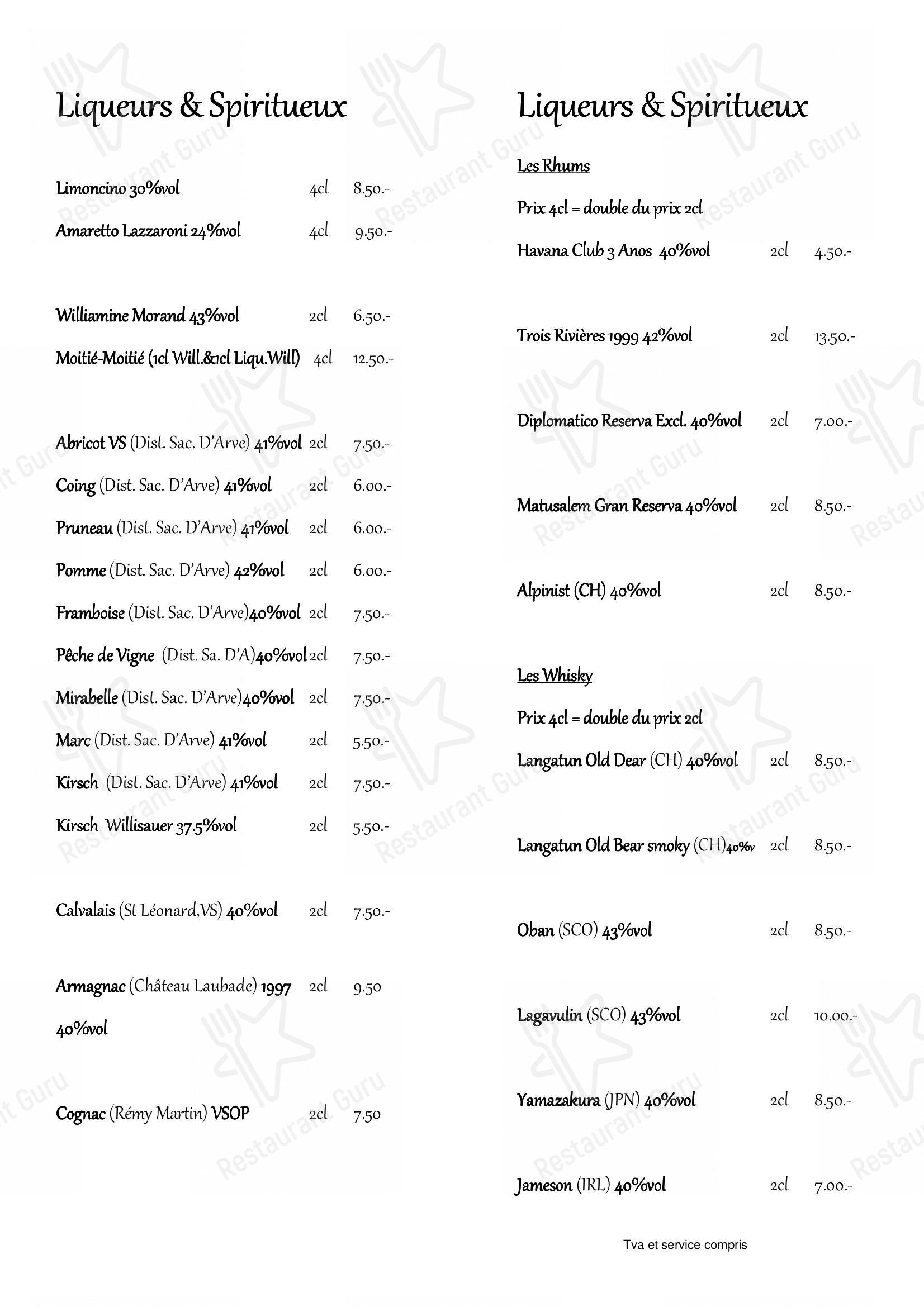 Основное меню per La Tanière ristorante