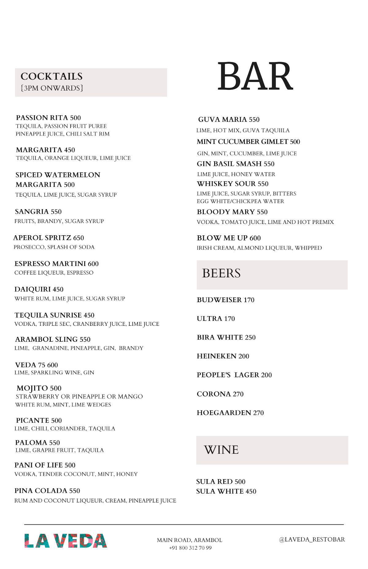 La Veda Resto&Bar menu