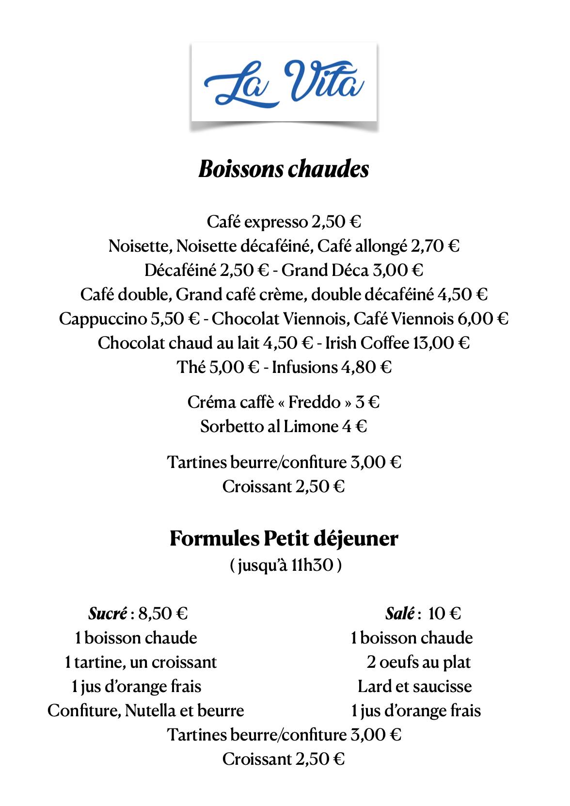 Menu de La Vita