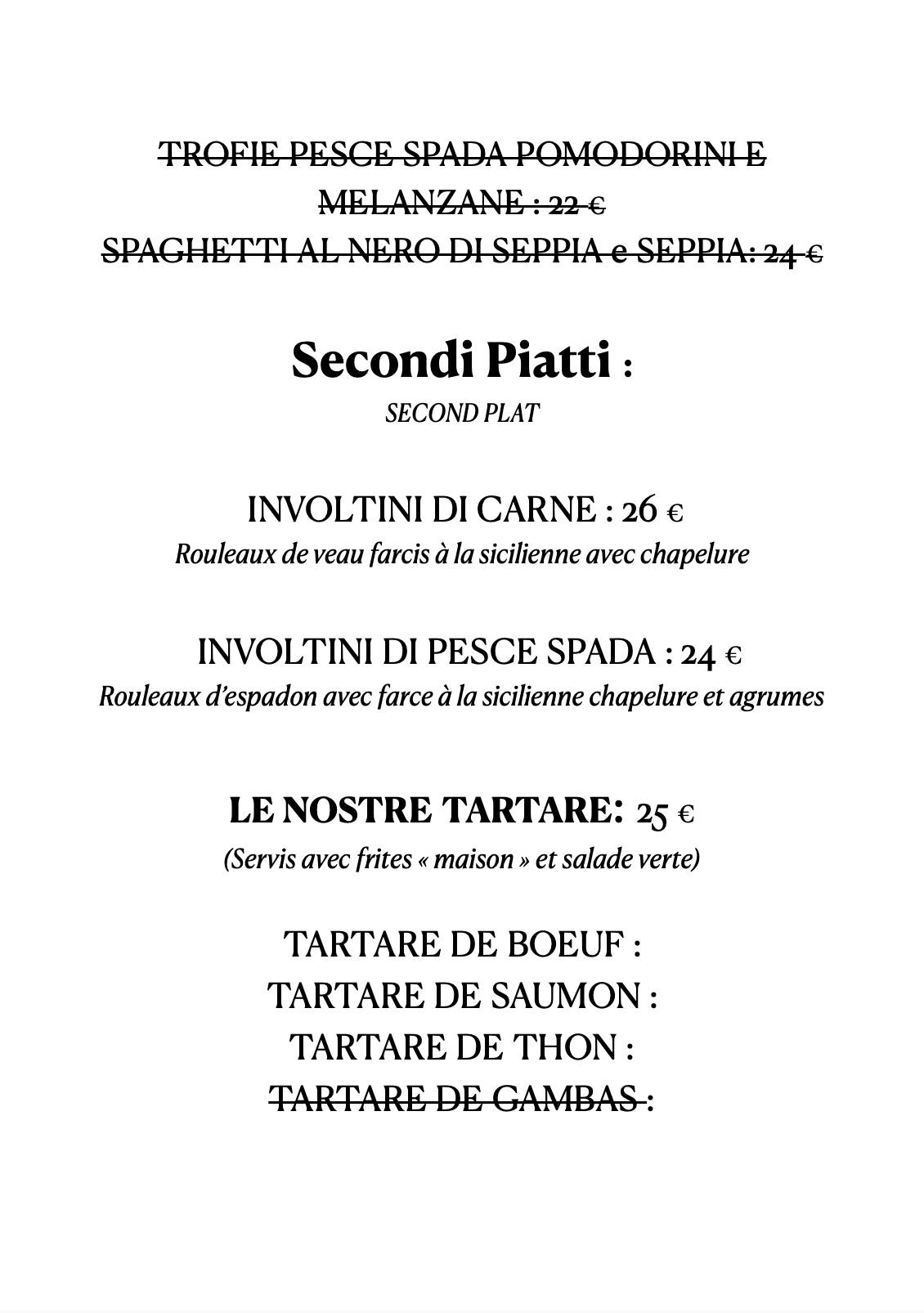 Menu de La Vita
