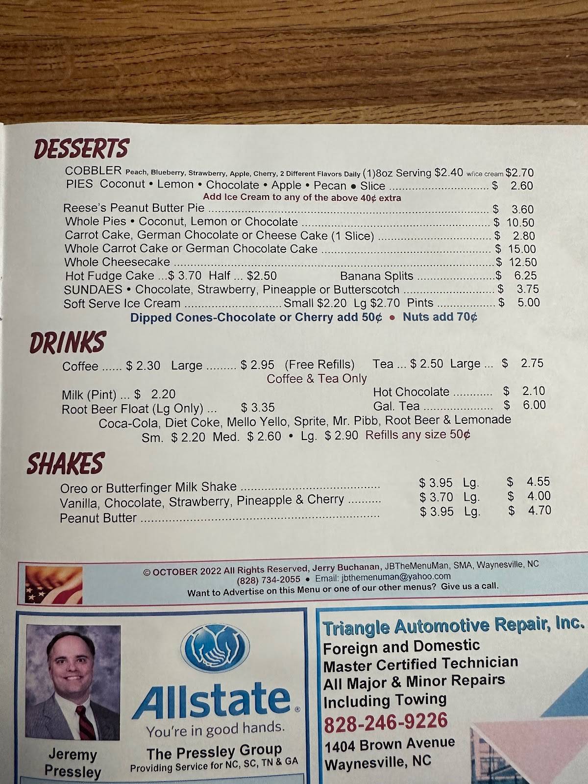 Menu at Ammons' Drive Inn & Dairy Bar, Waynesville