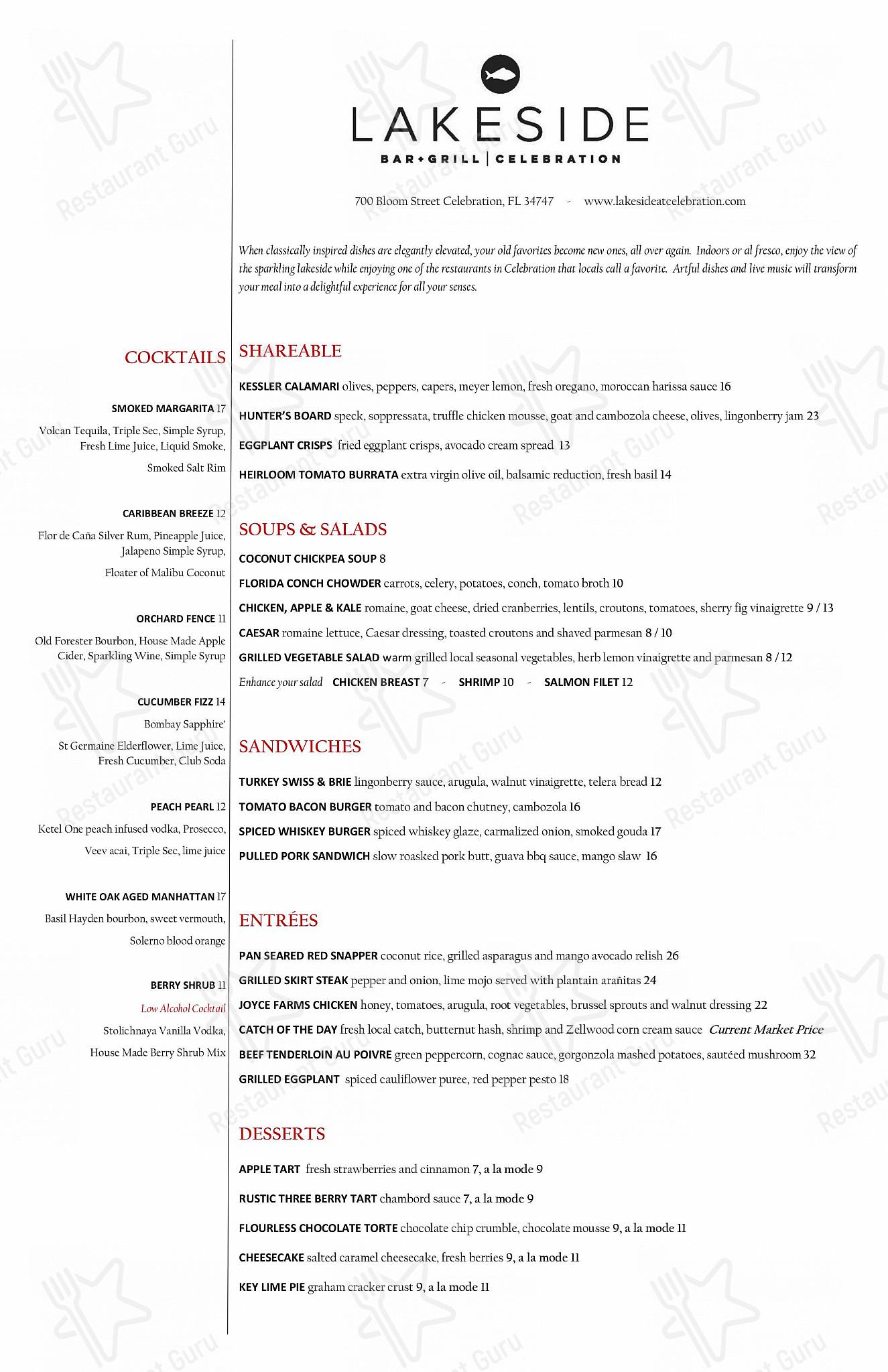 Menu at Lakeside Bar + Grill, Celebration