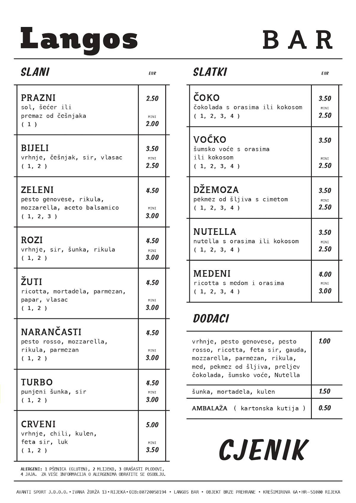 Menu di Langos bar Rijeka 