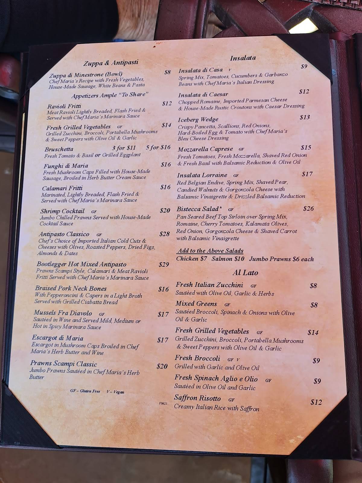 Menu at The Bootlegger Italian Bistro restaurant, Las Vegas