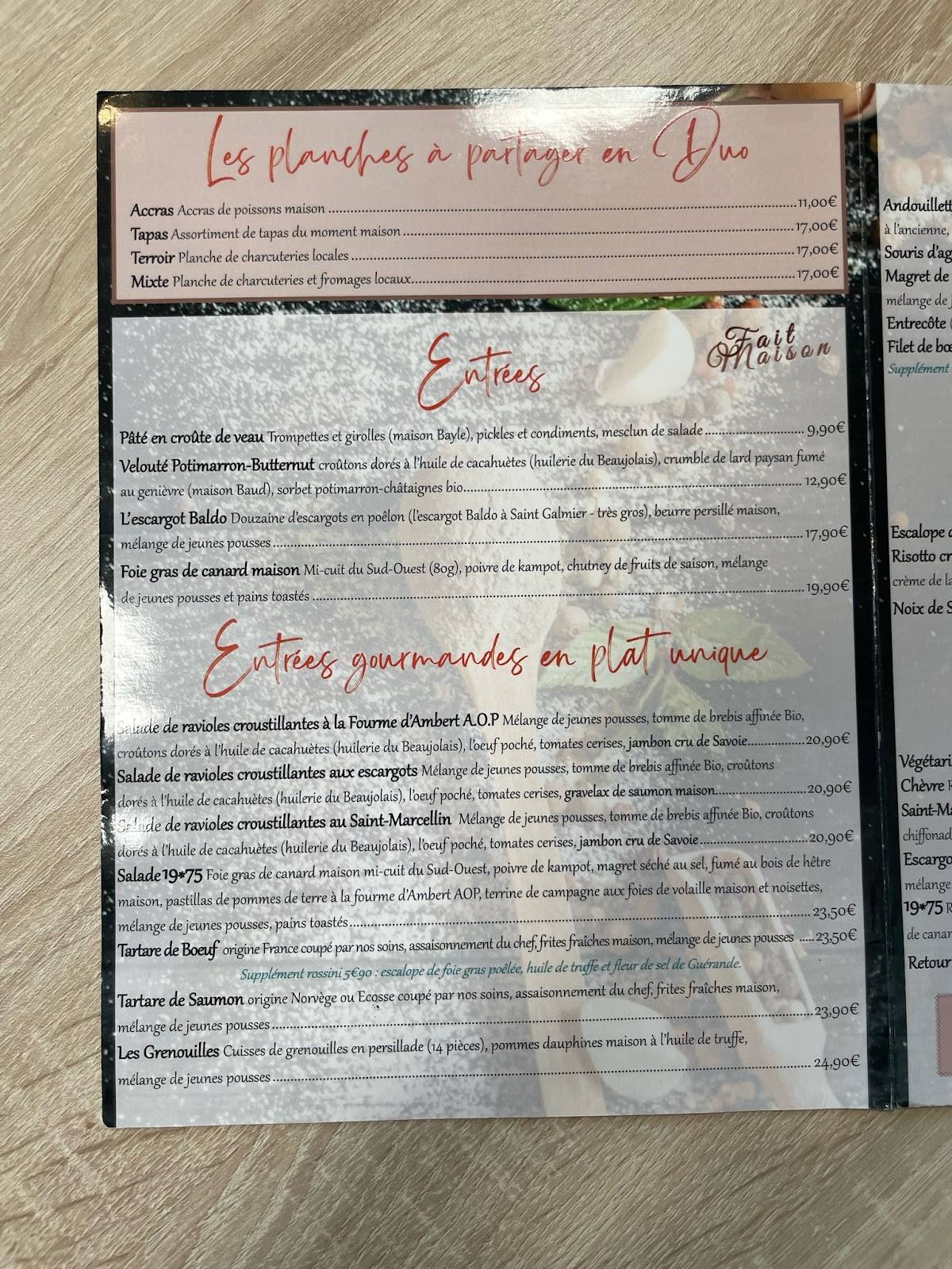 Menu de Le 1975 Restaurant