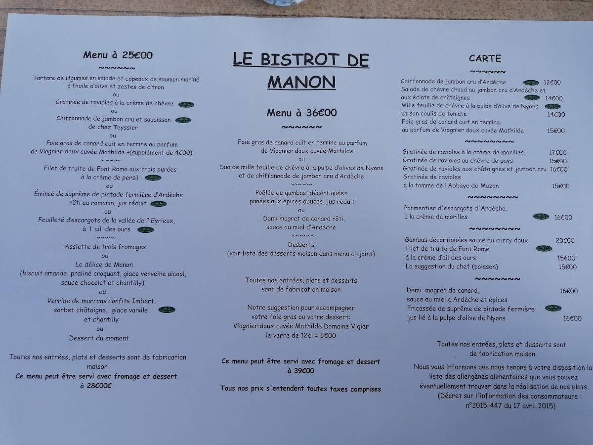 Menu au le Bistrot de Manon restaurant, Aubenas