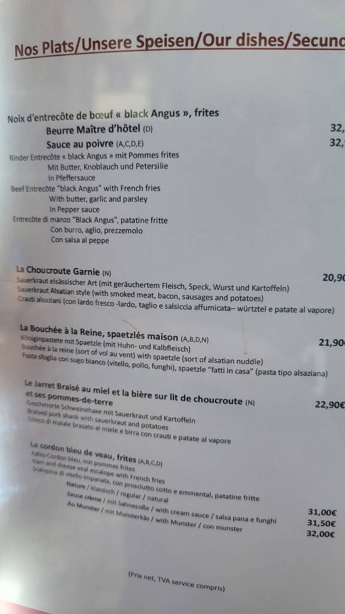 Menu de Le Caveau des Rois