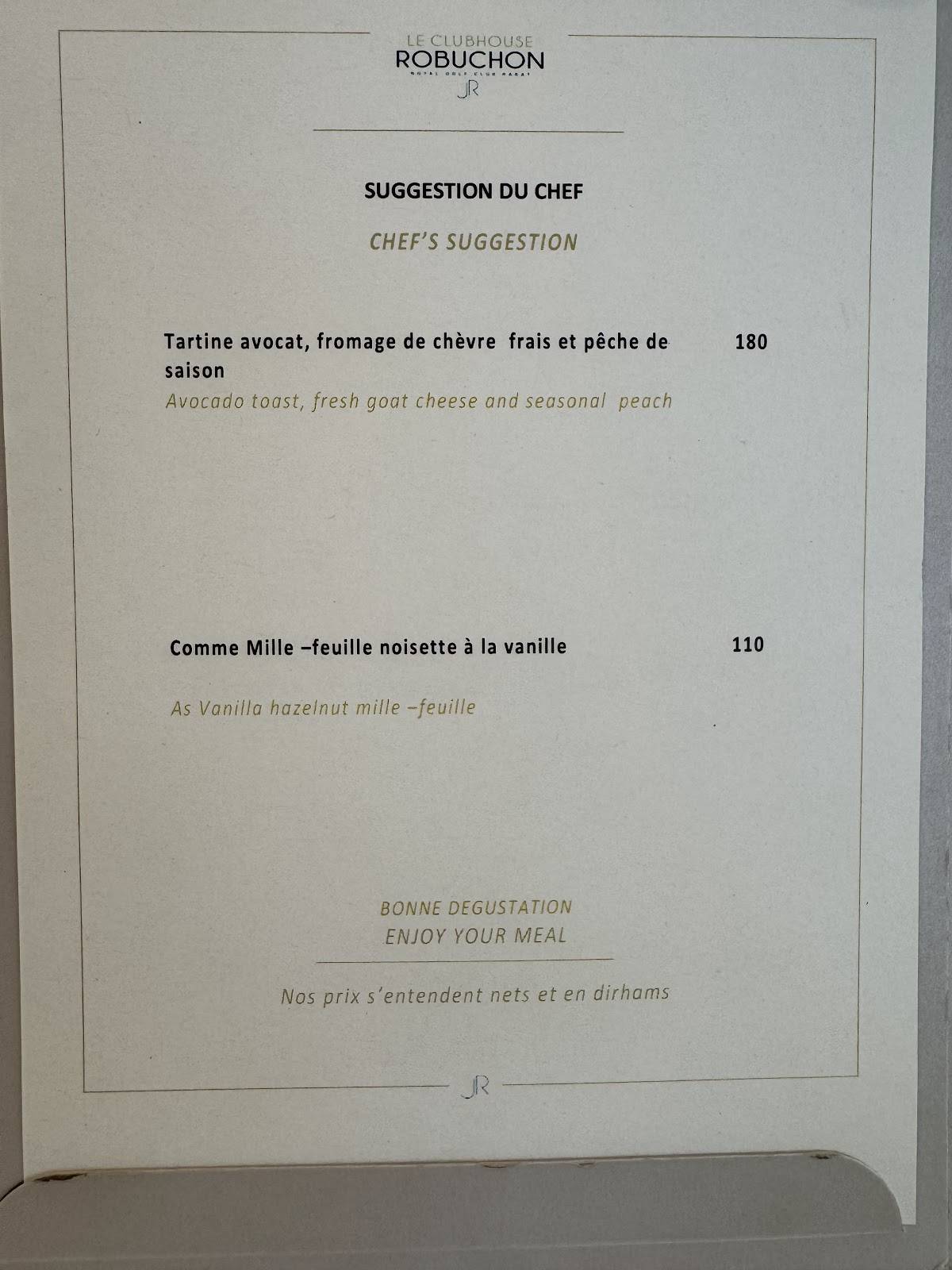 Menu de Le Clubhouse Robuchon