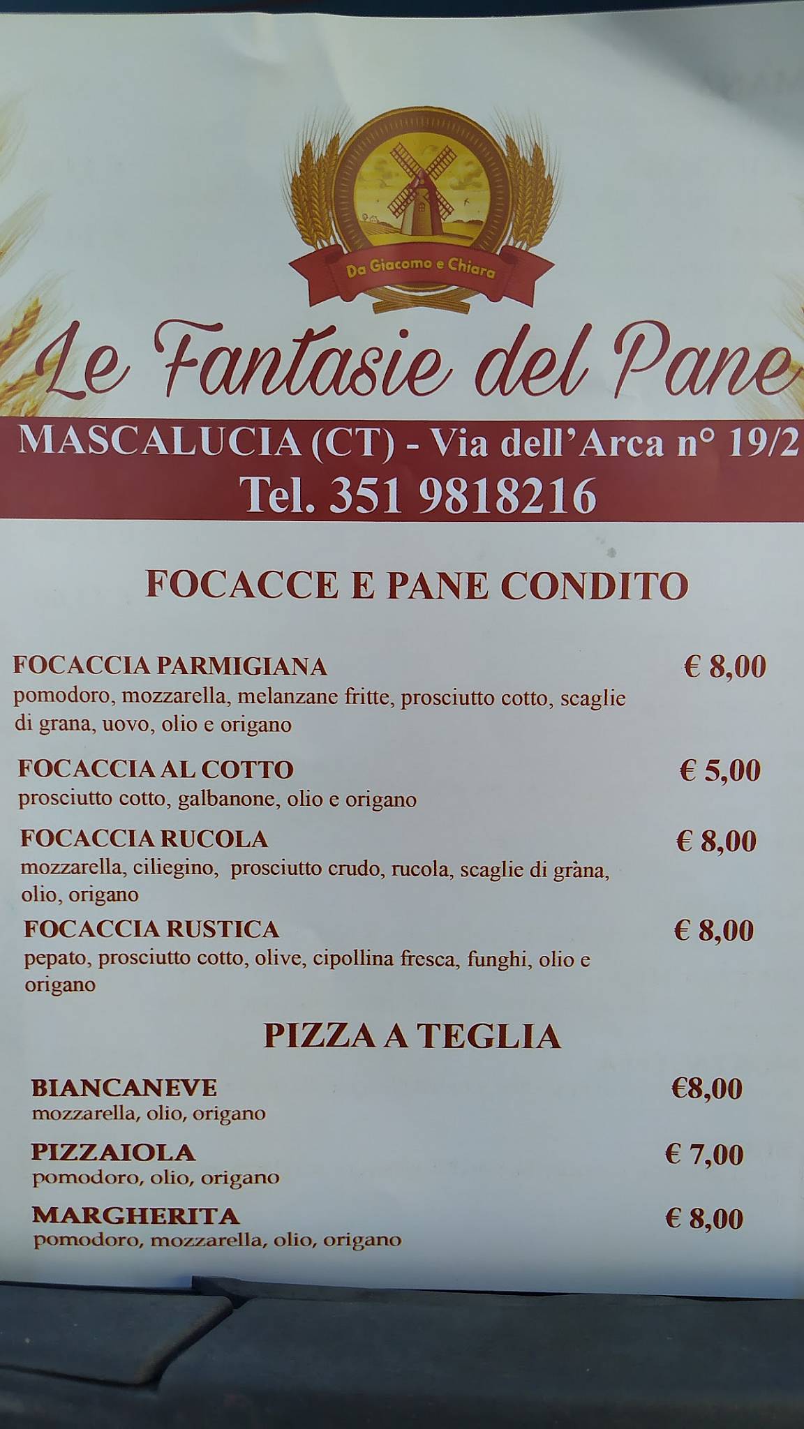 Menu di Le Fantasie del Pane 