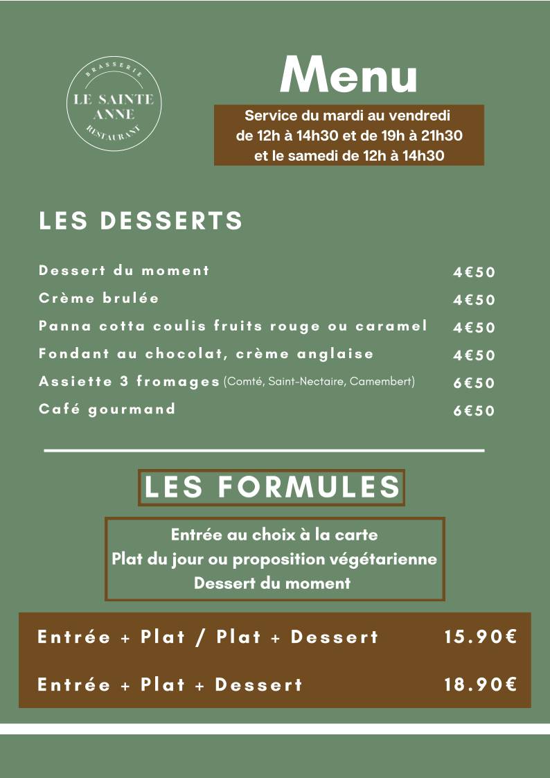 Menu de Le Sainte Anne