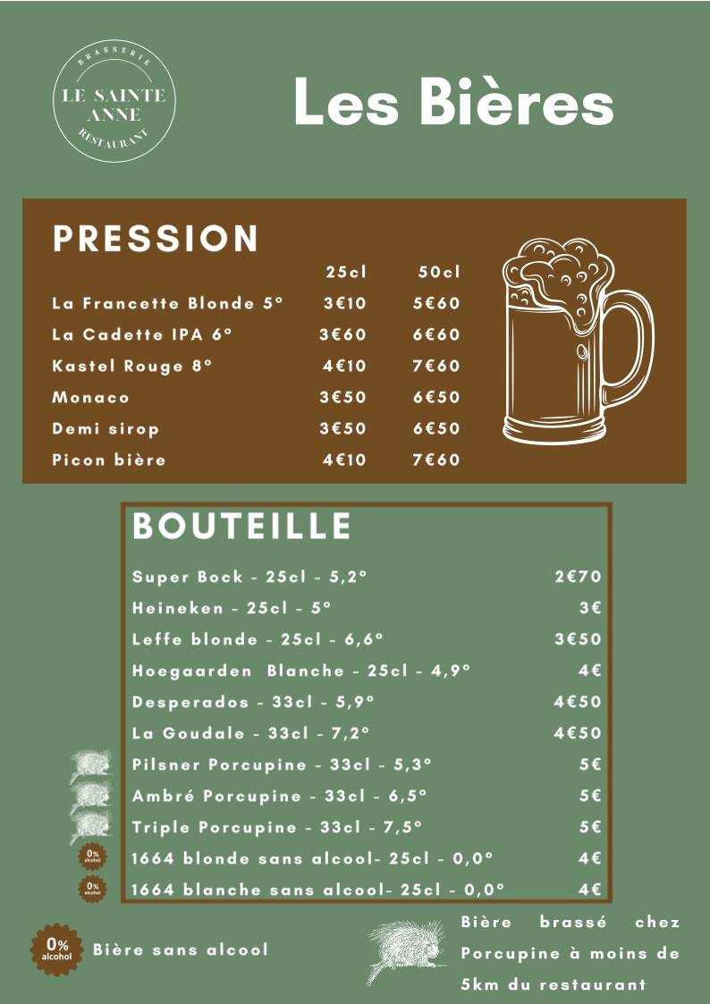 Menu de Le Sainte Anne