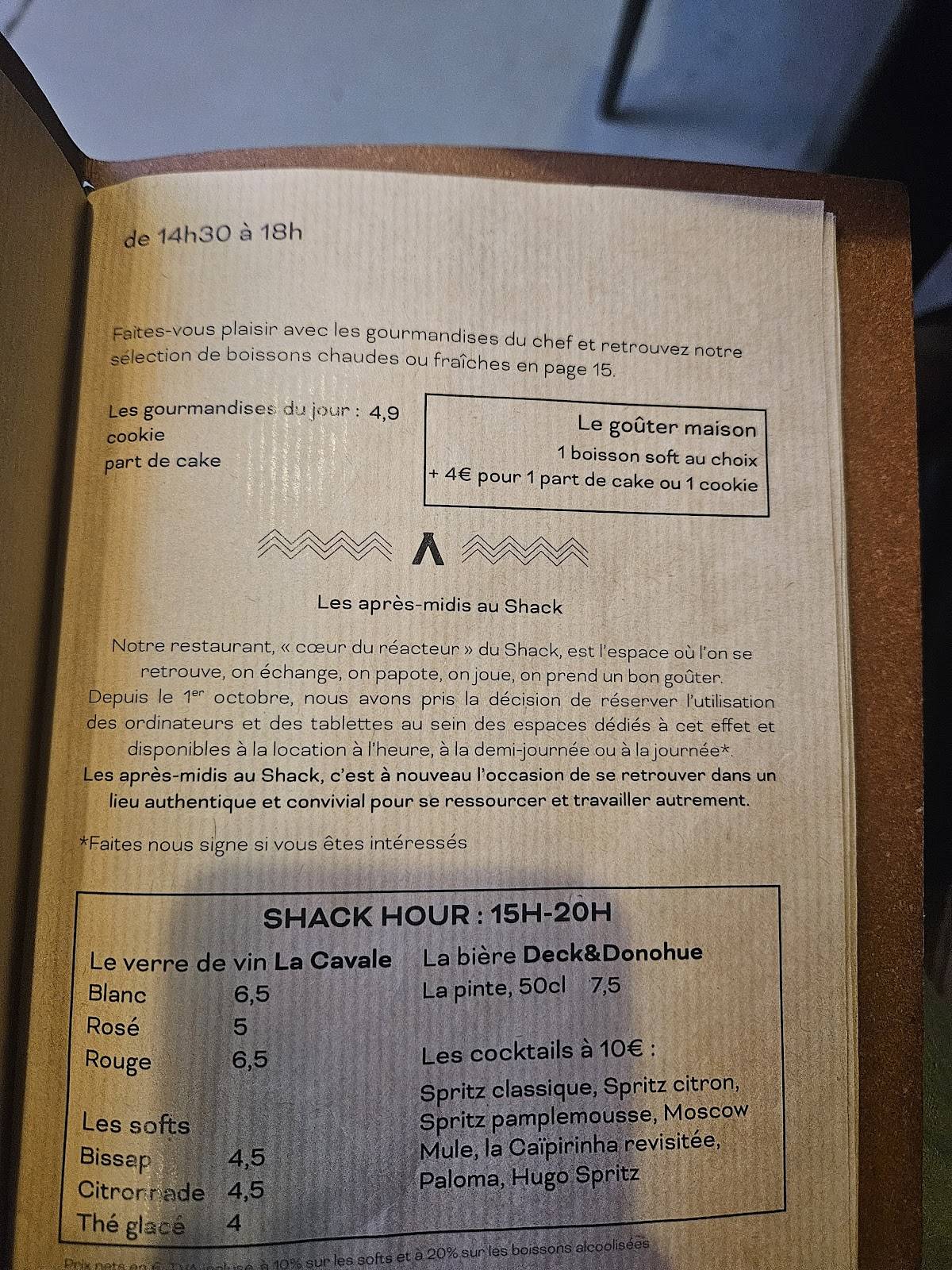 Menu de Le Shack