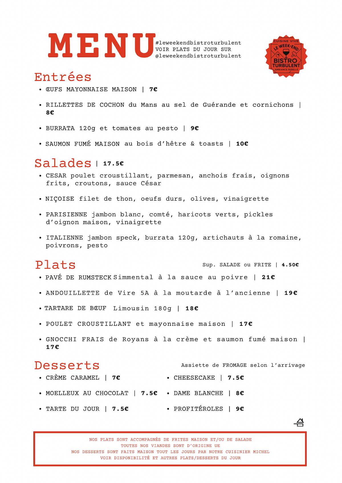 Menu de Le Week End Bistrot turbulent