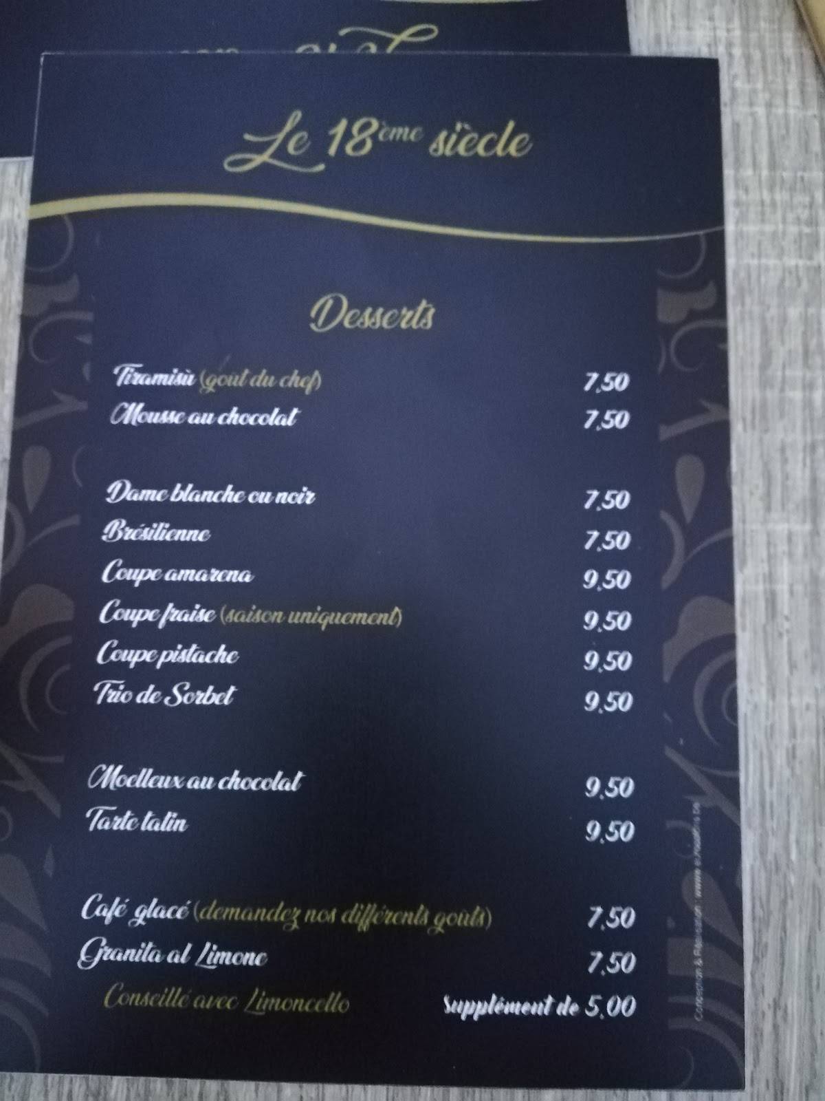 Menu de Le XVIII Siècle