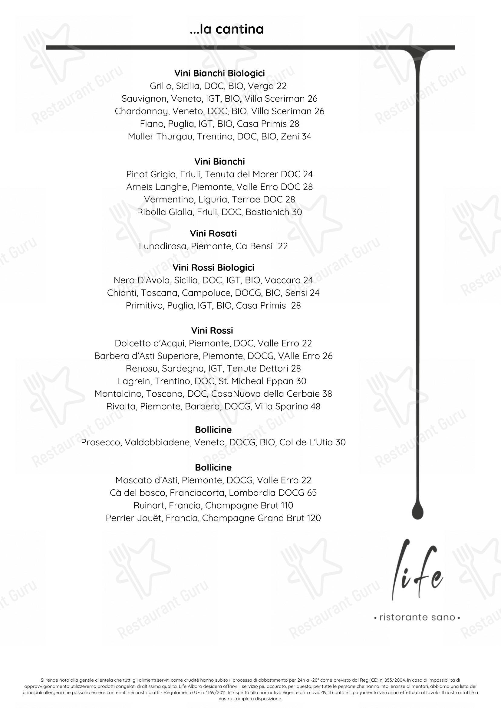 Menu di Life Ristorante Sano - Menu