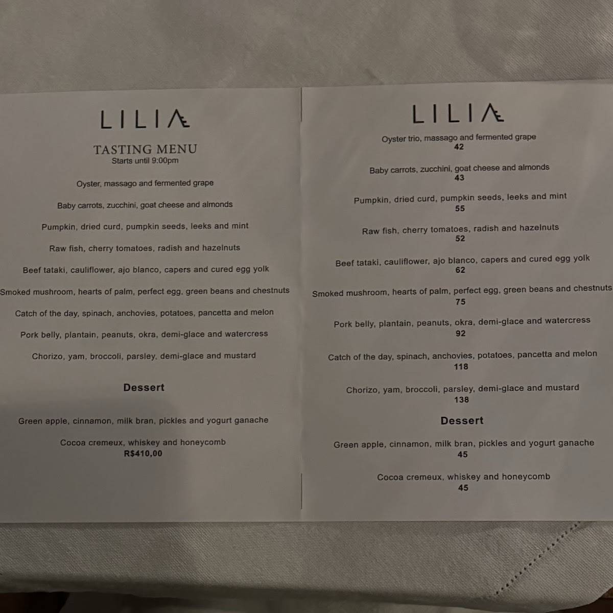 Lilia Restaurante cardápio