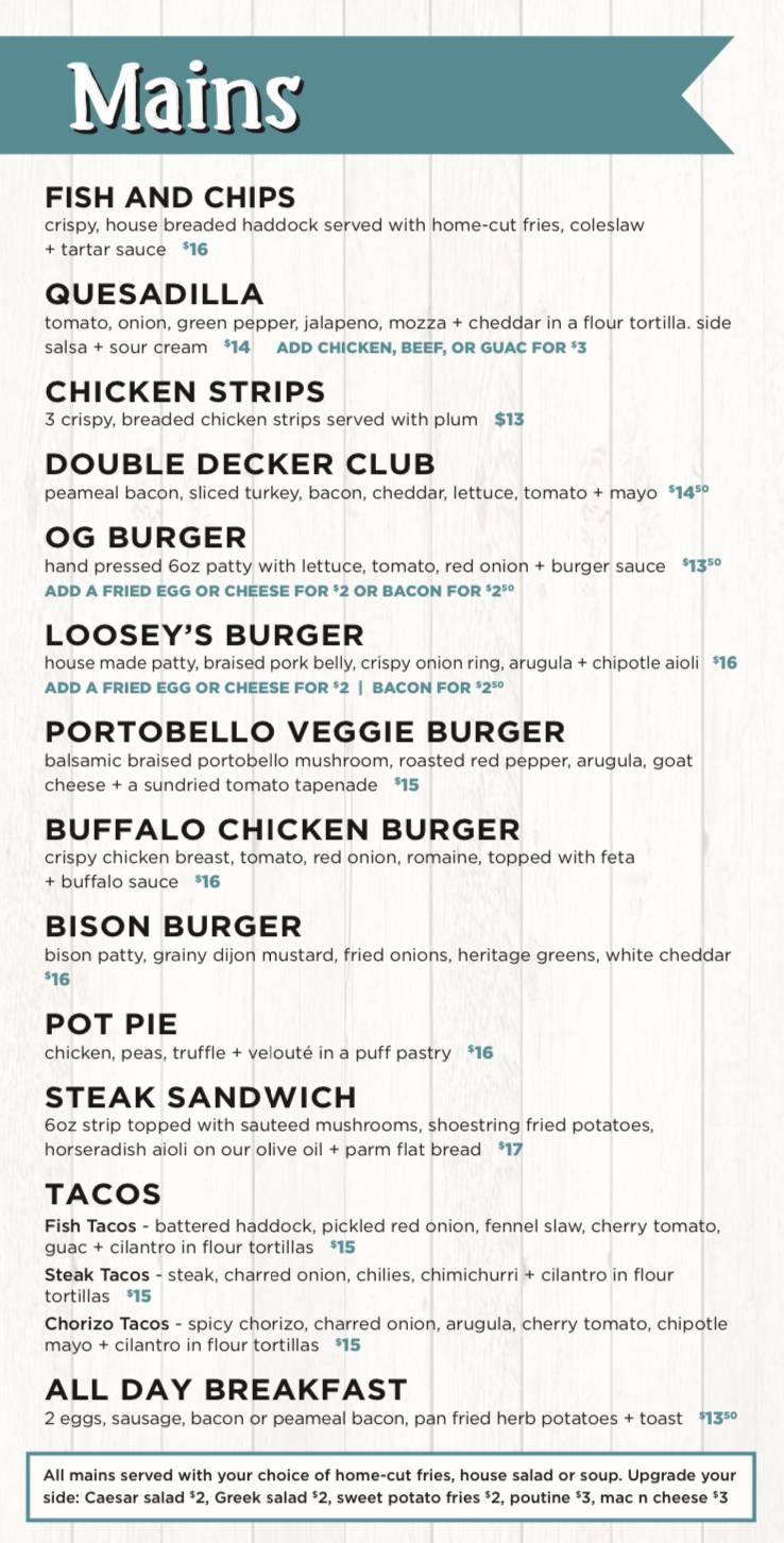 Menu at Loosey's pub & bar, Saskatoon