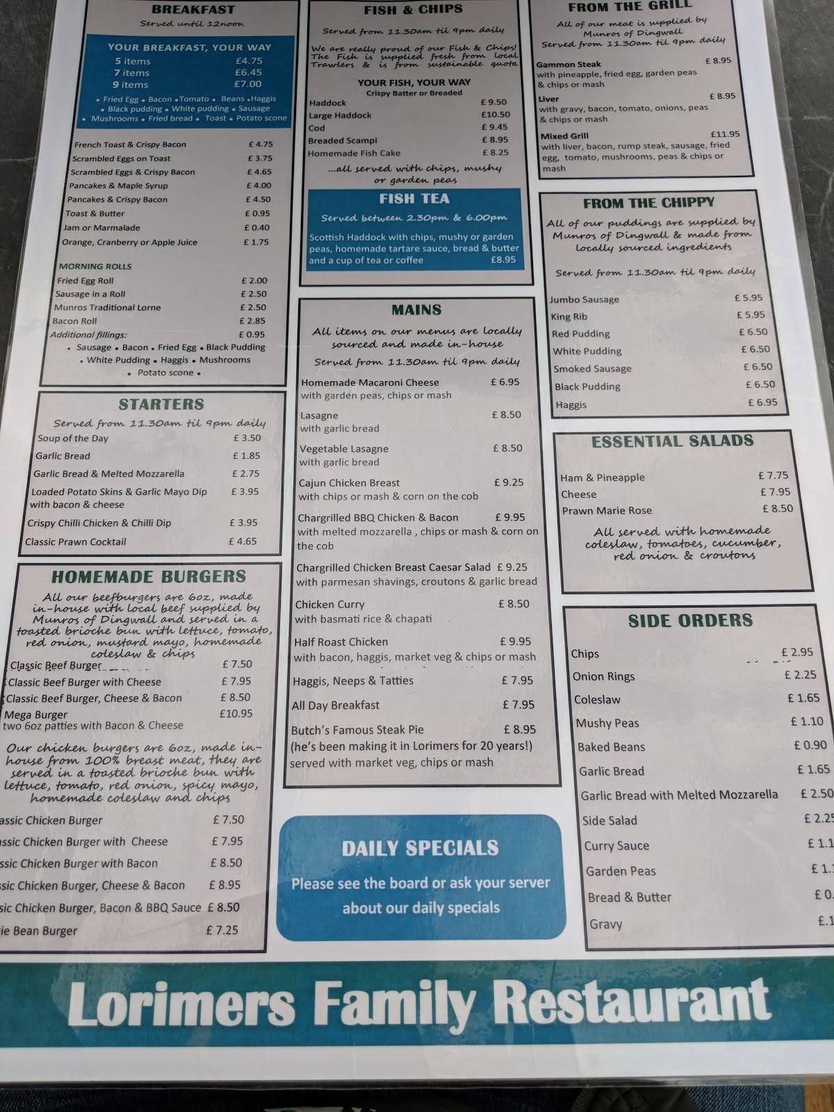 Menu at Lorimers Family Restaurant, Inverness, 18-20 Longman Rd