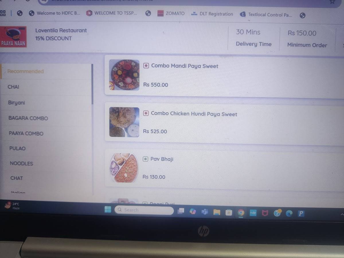 Loventila Restaurant menu