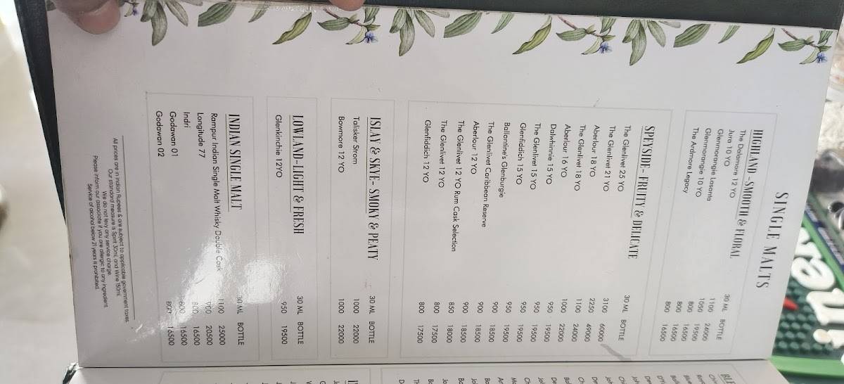 Sky Bar menu